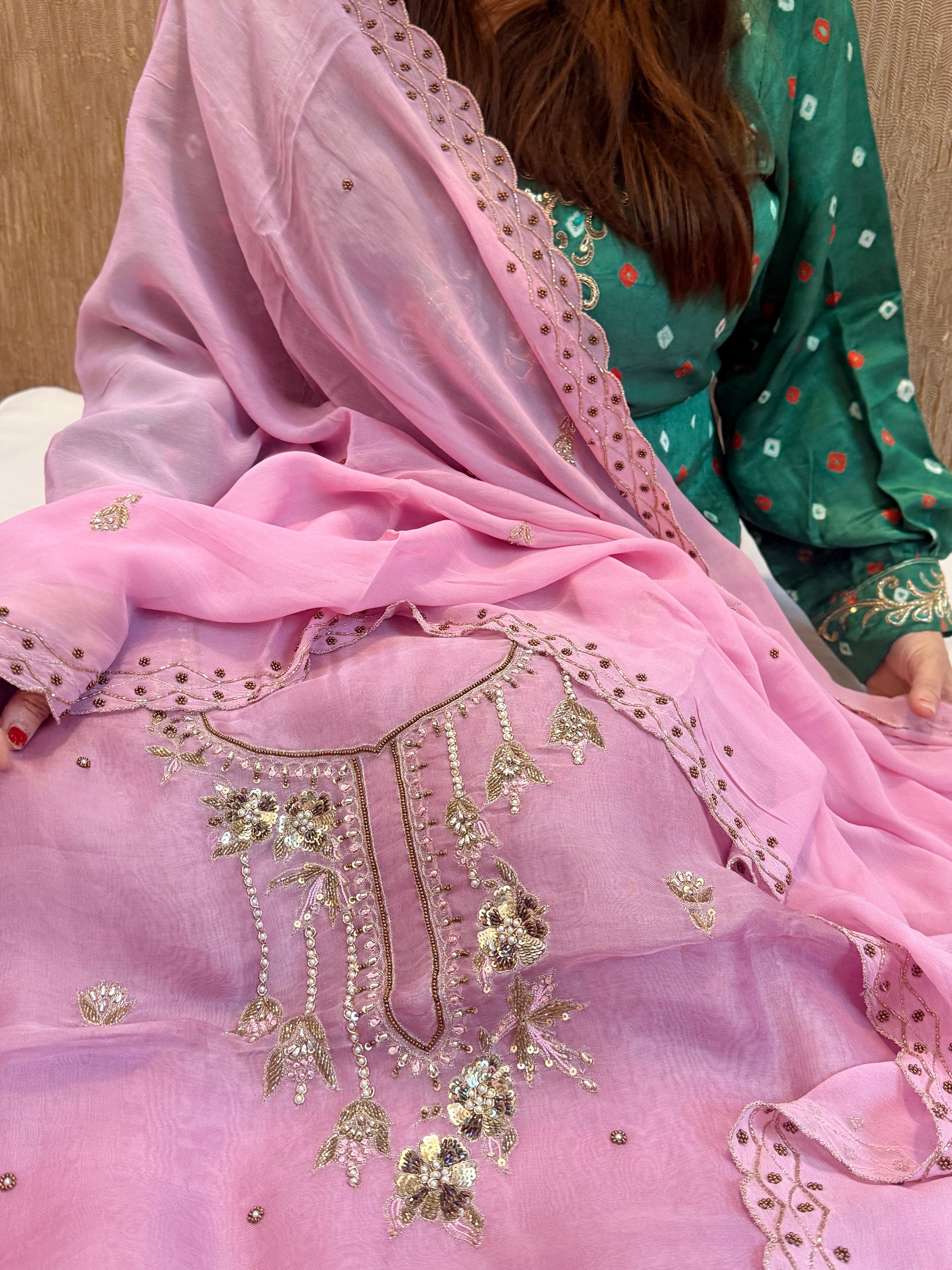 Blush pink kora silk gotapatti hand embroidered suit set