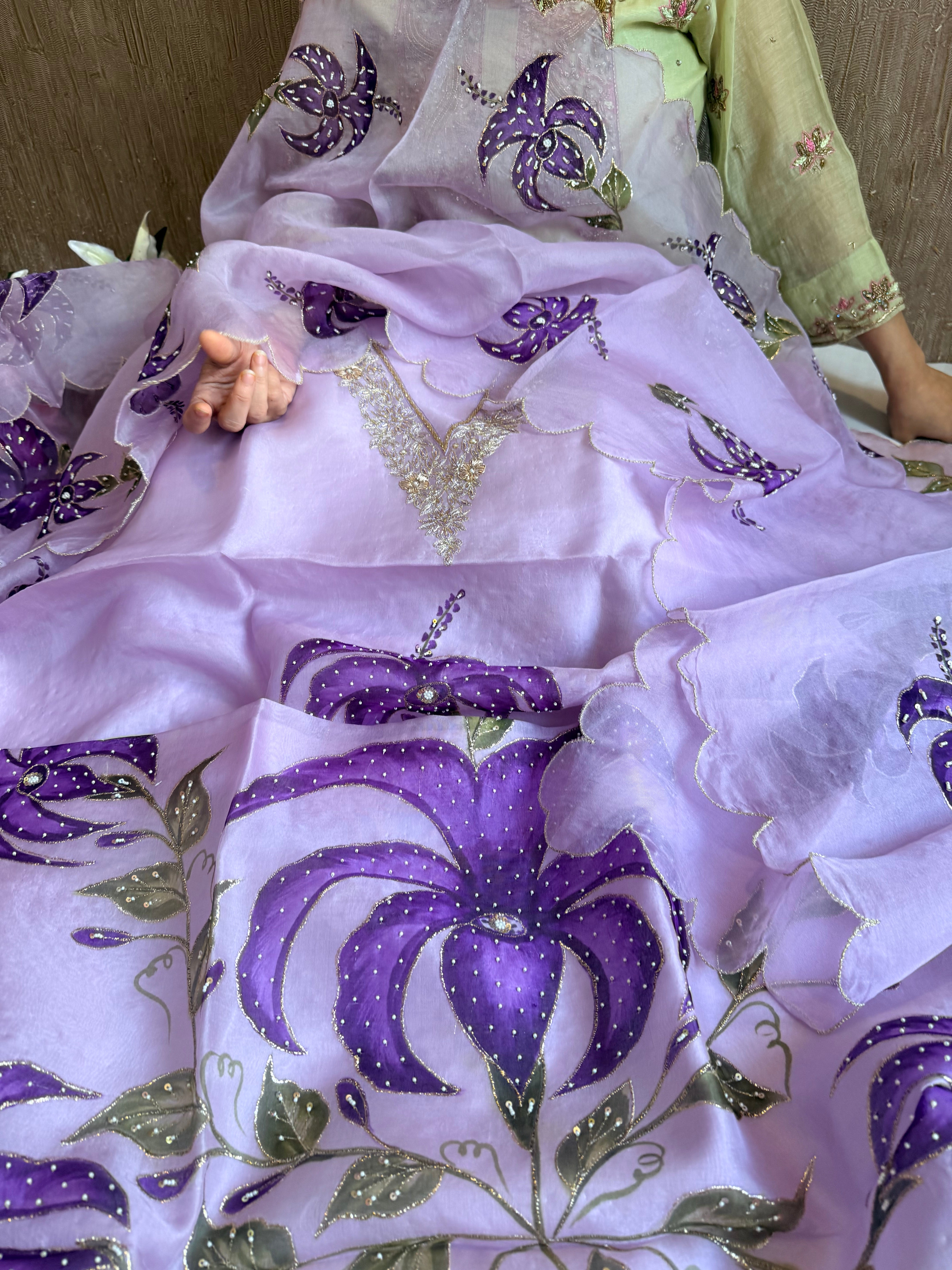 Banarasi Kora silk hand embroidered floral printed suit set