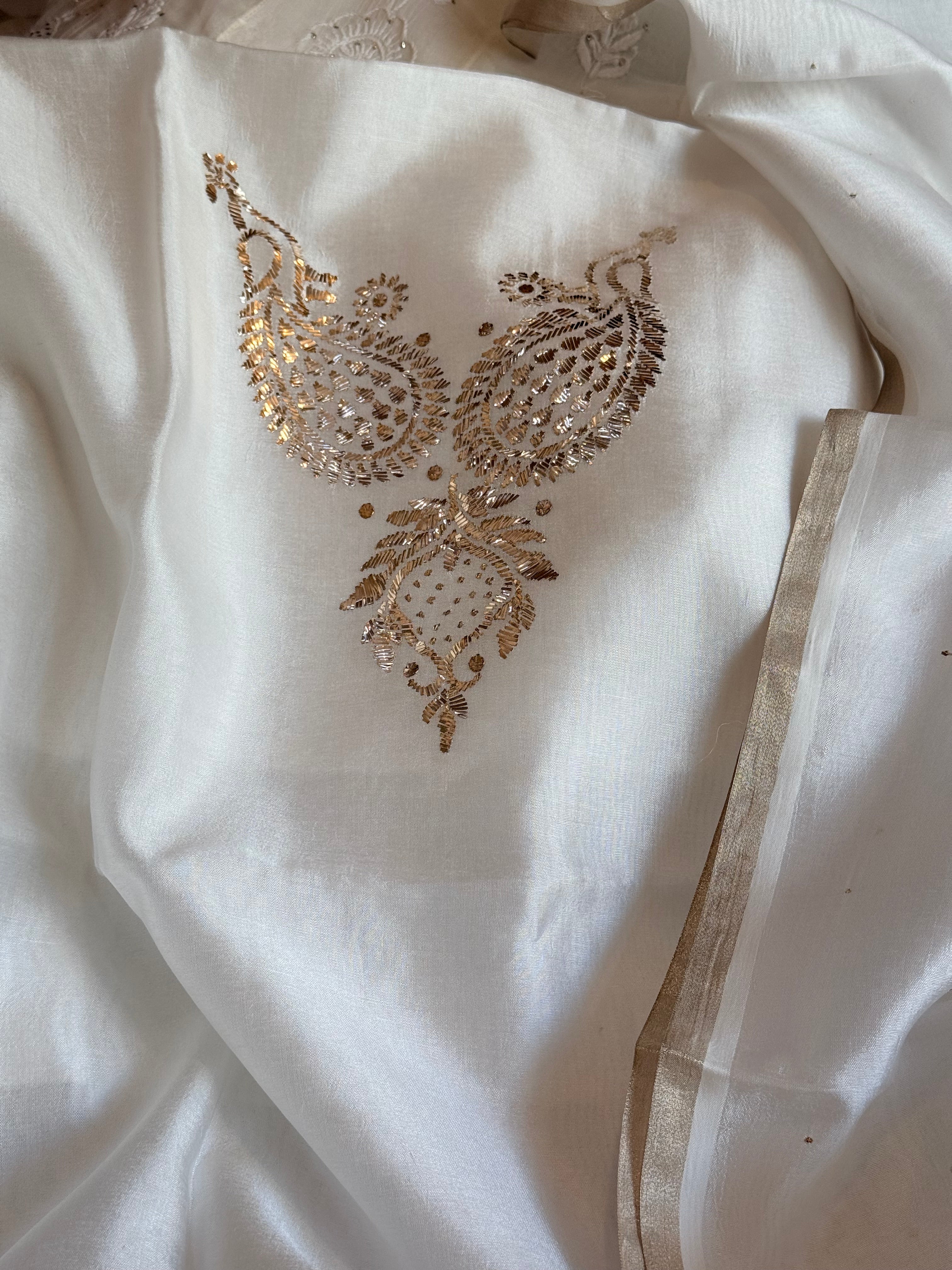 Pearl white spun chiniya silk mukaish hand embroidered suit sets