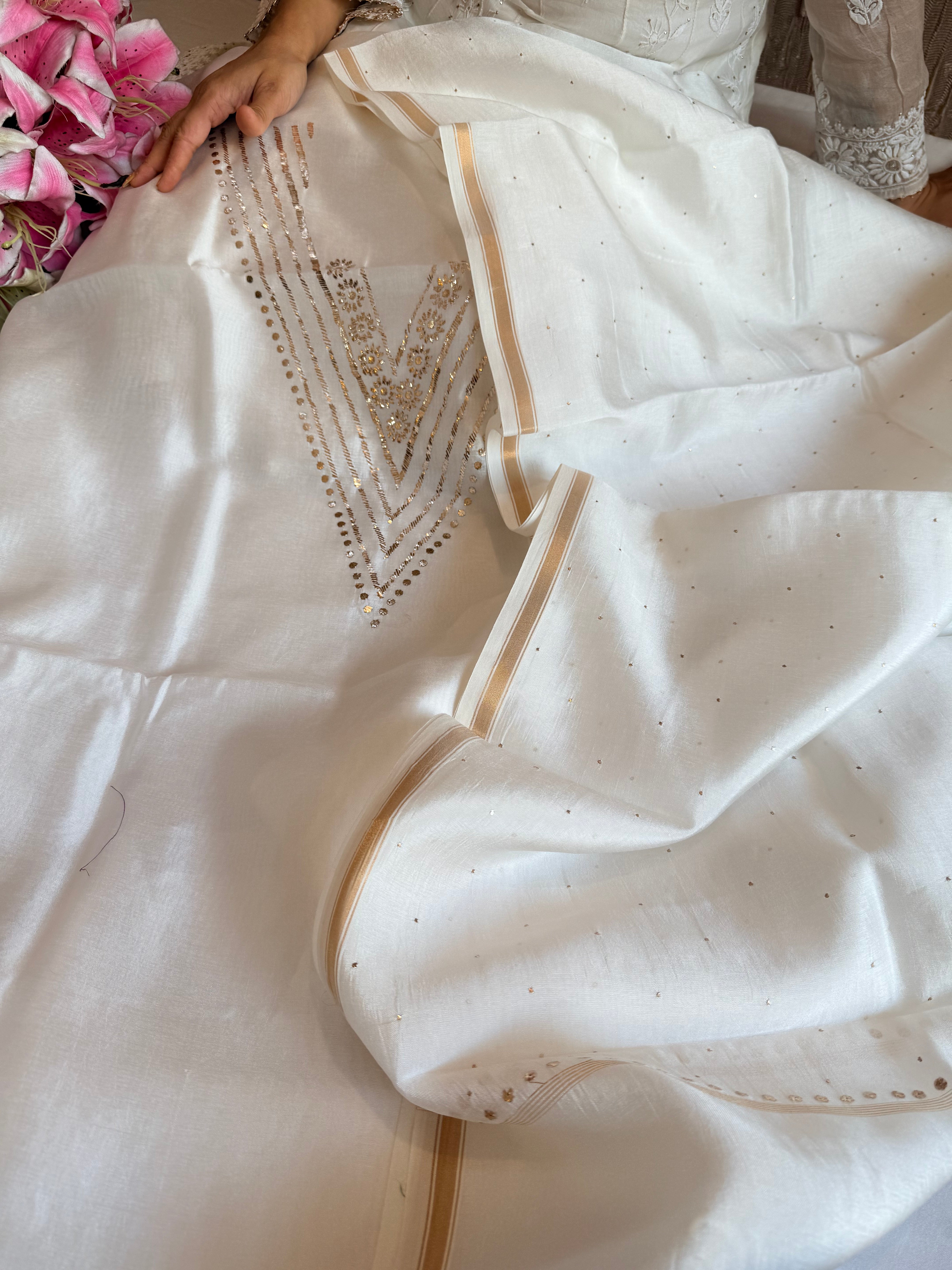 Pearl white spun chiniya silk mukaish hand embroidered suit sets