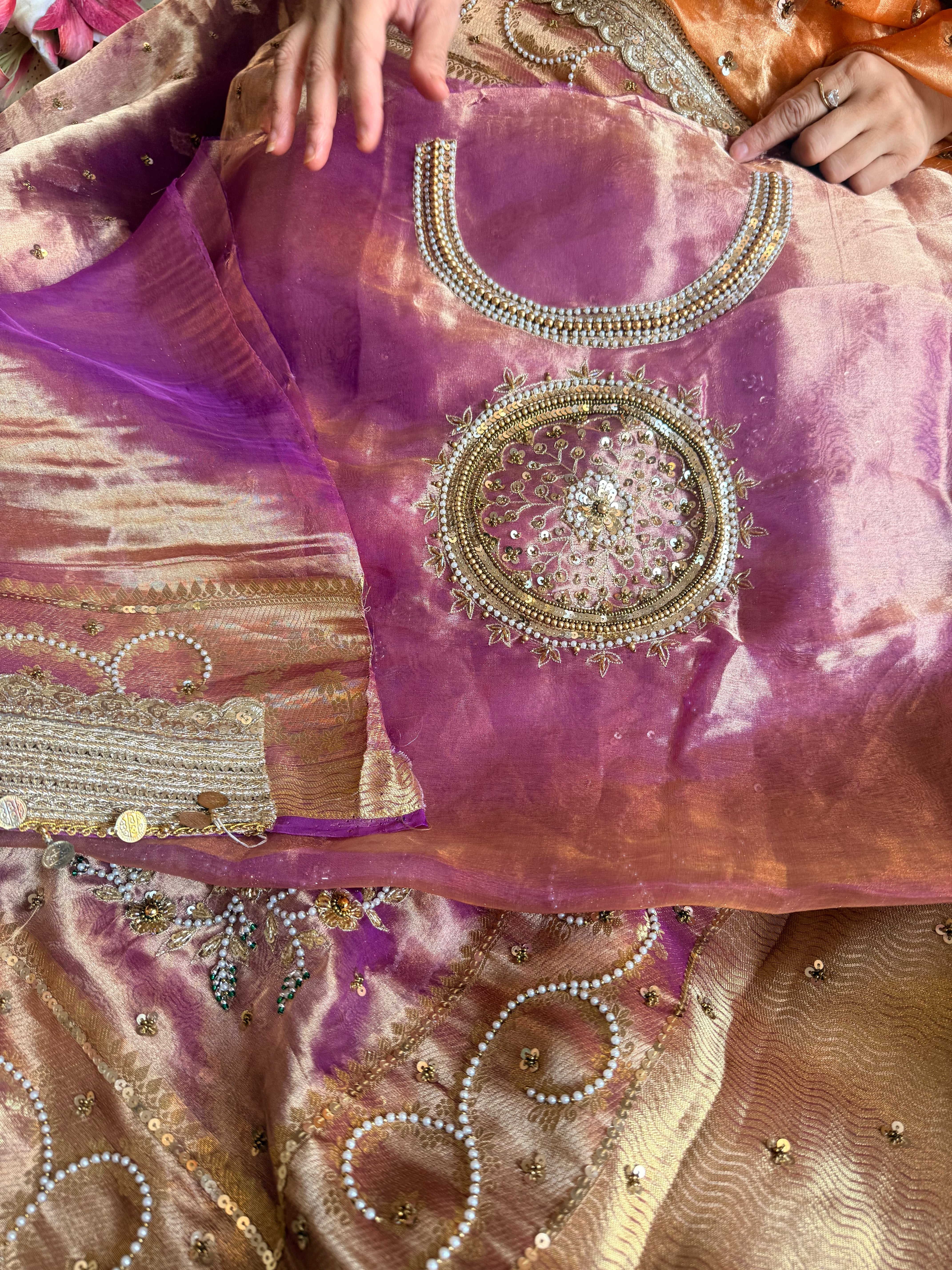 Salma-sitara molten lilac tissue silk antique work hand embroidered saree
