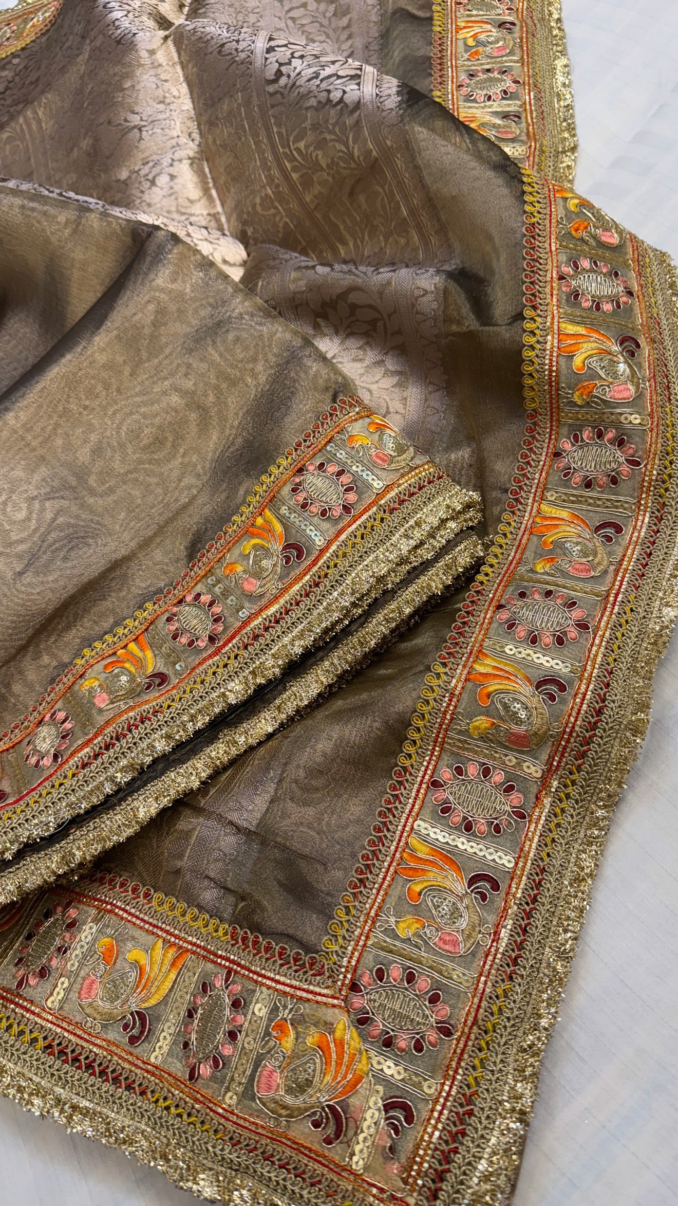 Mouse grey maharani tissue silk meenakari border saree