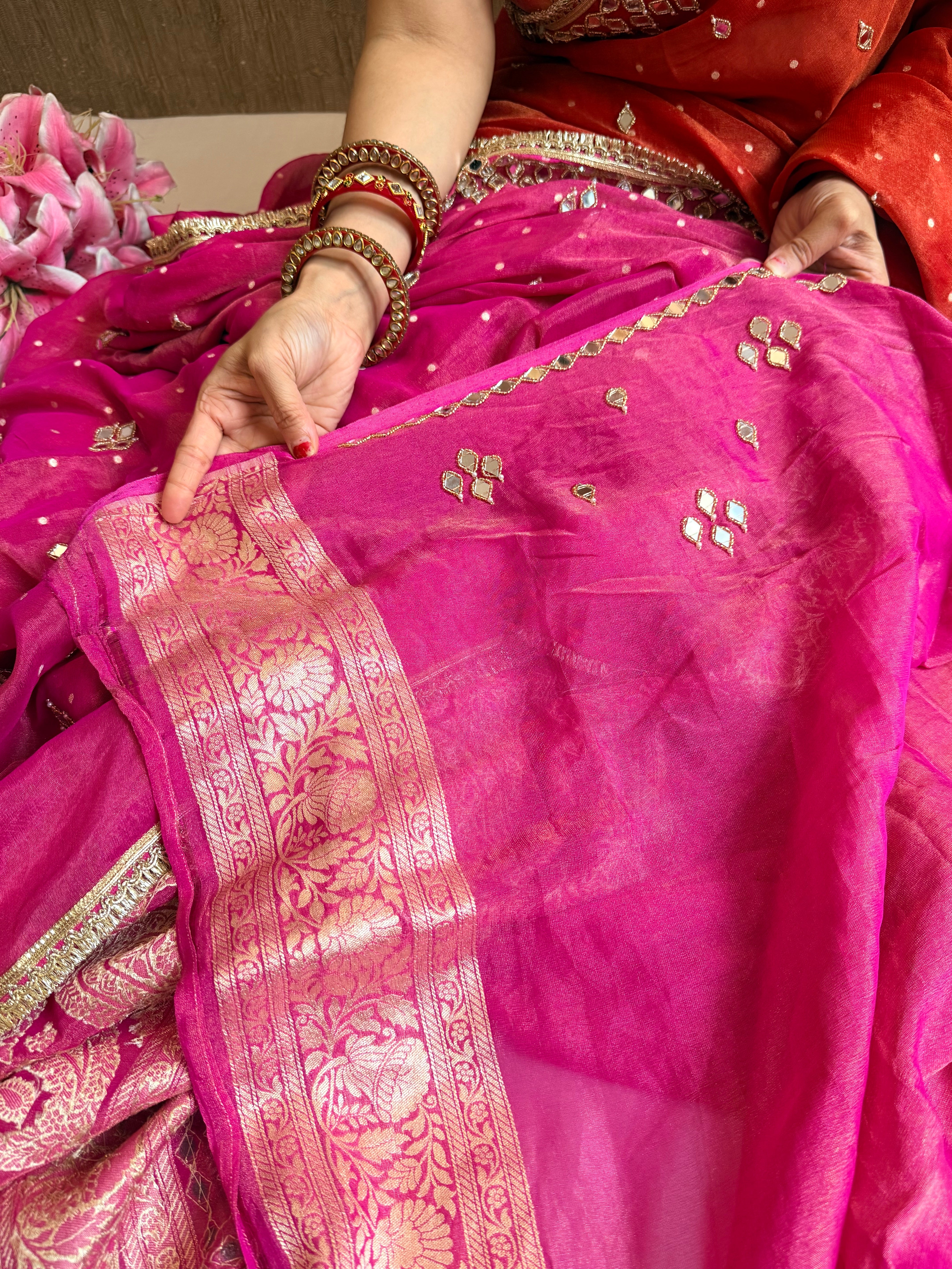 Hot pink tissue gorgette mirror work hand embroidered saree
