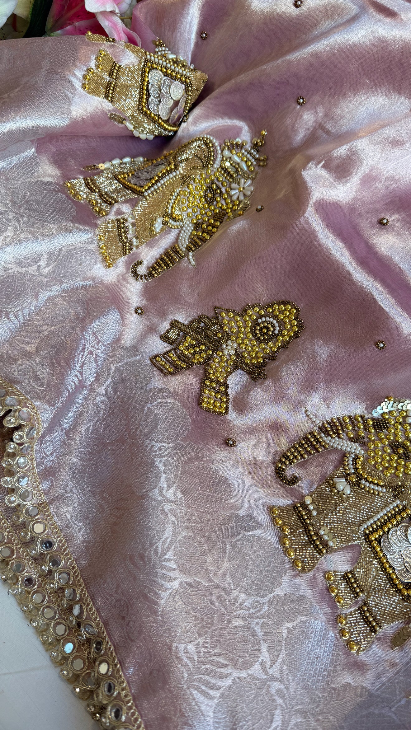 Gulabi jadau saree - Rosy pink tissue silk jadau work hand embroidered saree