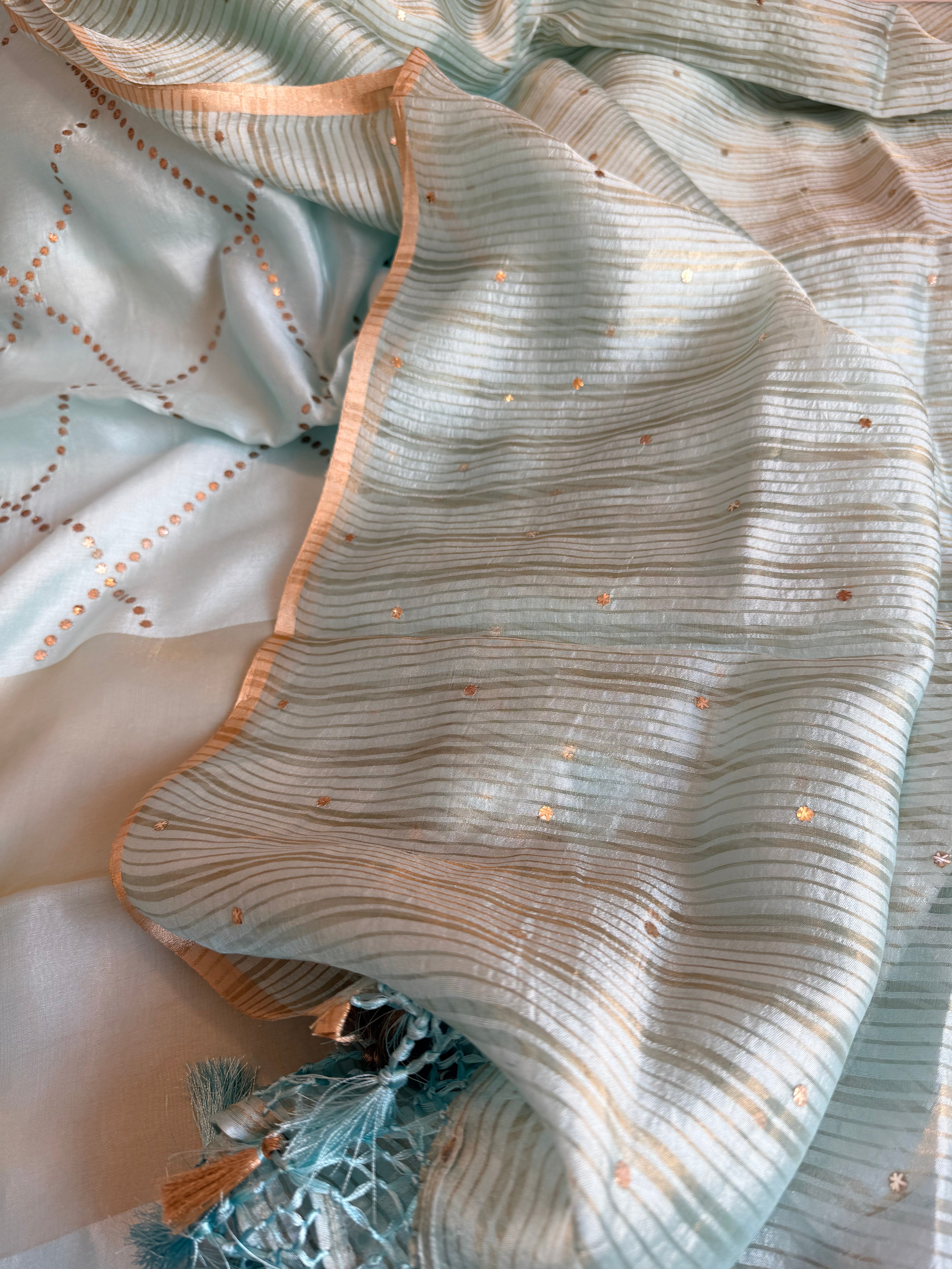 Summer suit edit - Spun chiniya silk mukaish work greenish-blue hand embroidered suit set