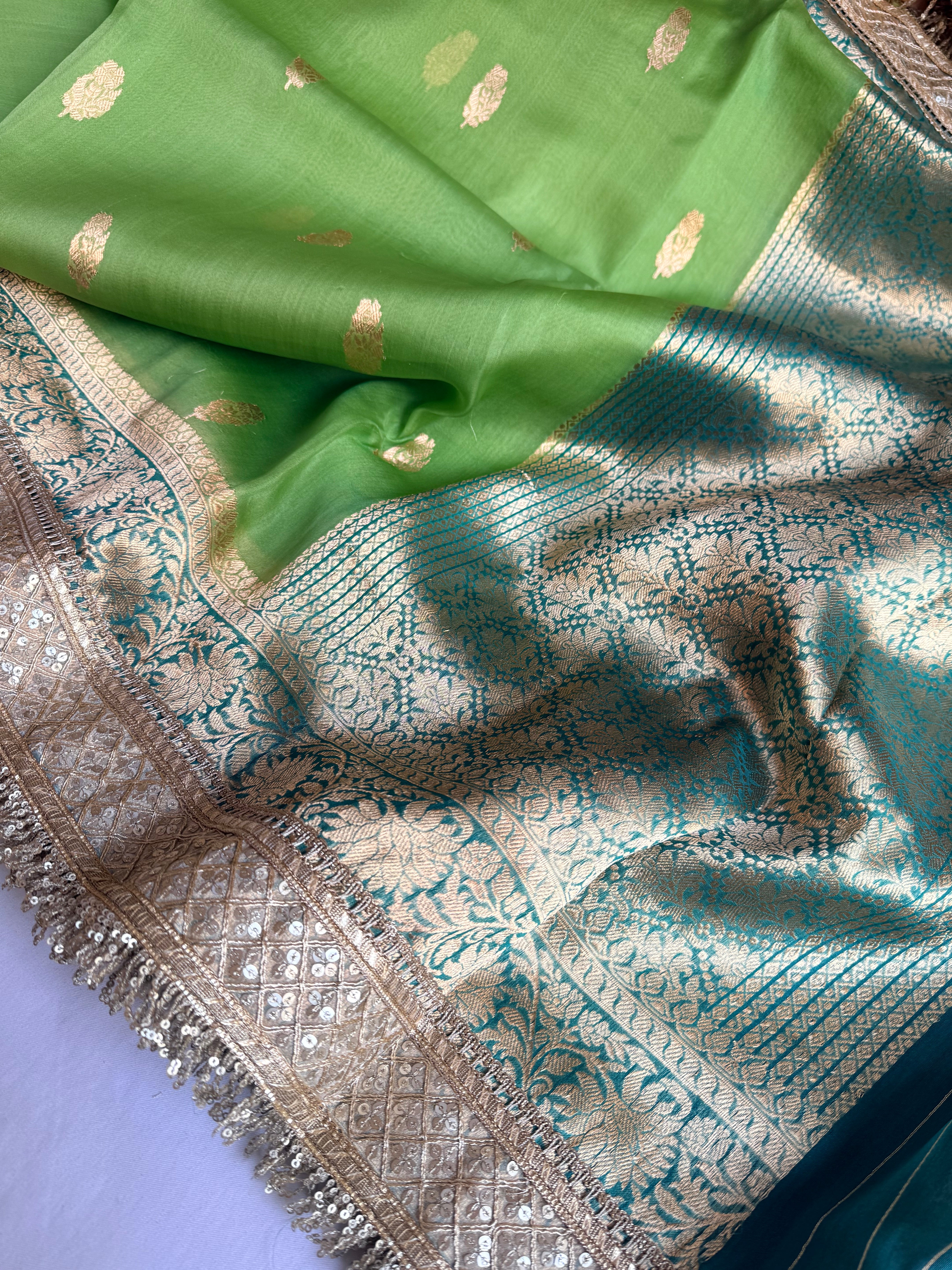 Banarasi leela parrot green-teal combination kora silk saree