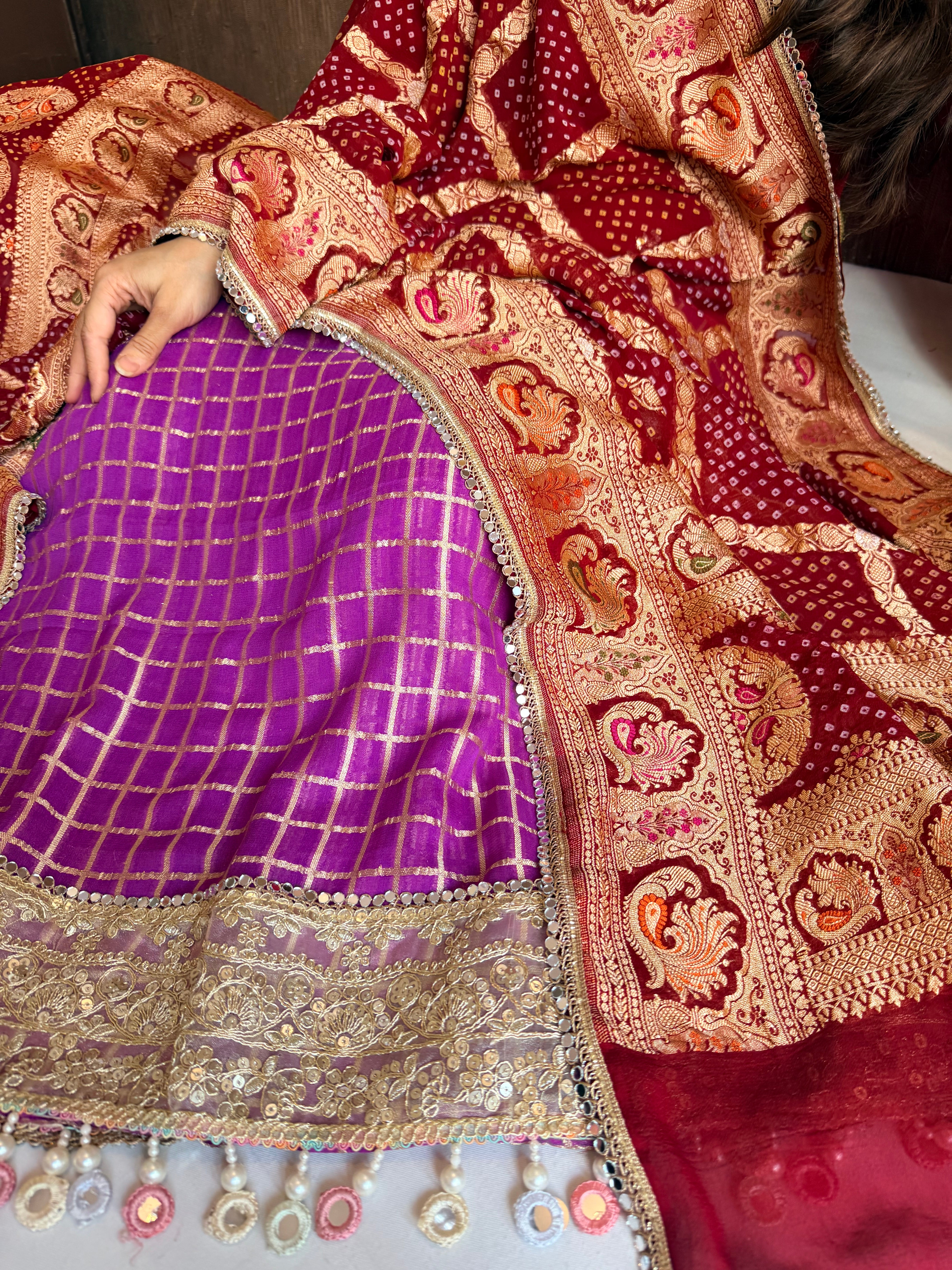 Banarasi chiffon gorgette bandhej gharchola weaving suit set
