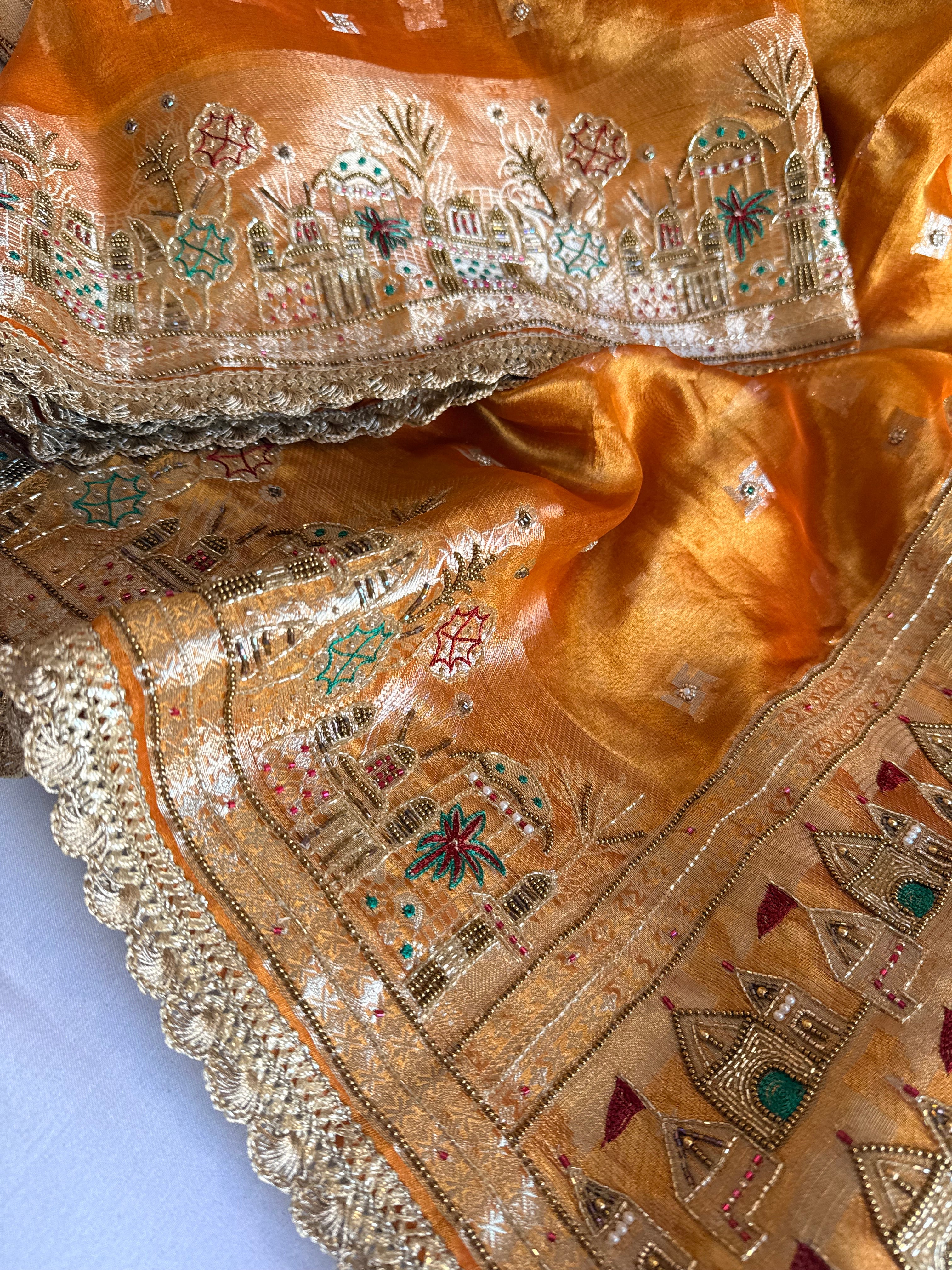 Ganga-darshan edit - Tissue silk fanta orange hand embroidered kadhwa saree