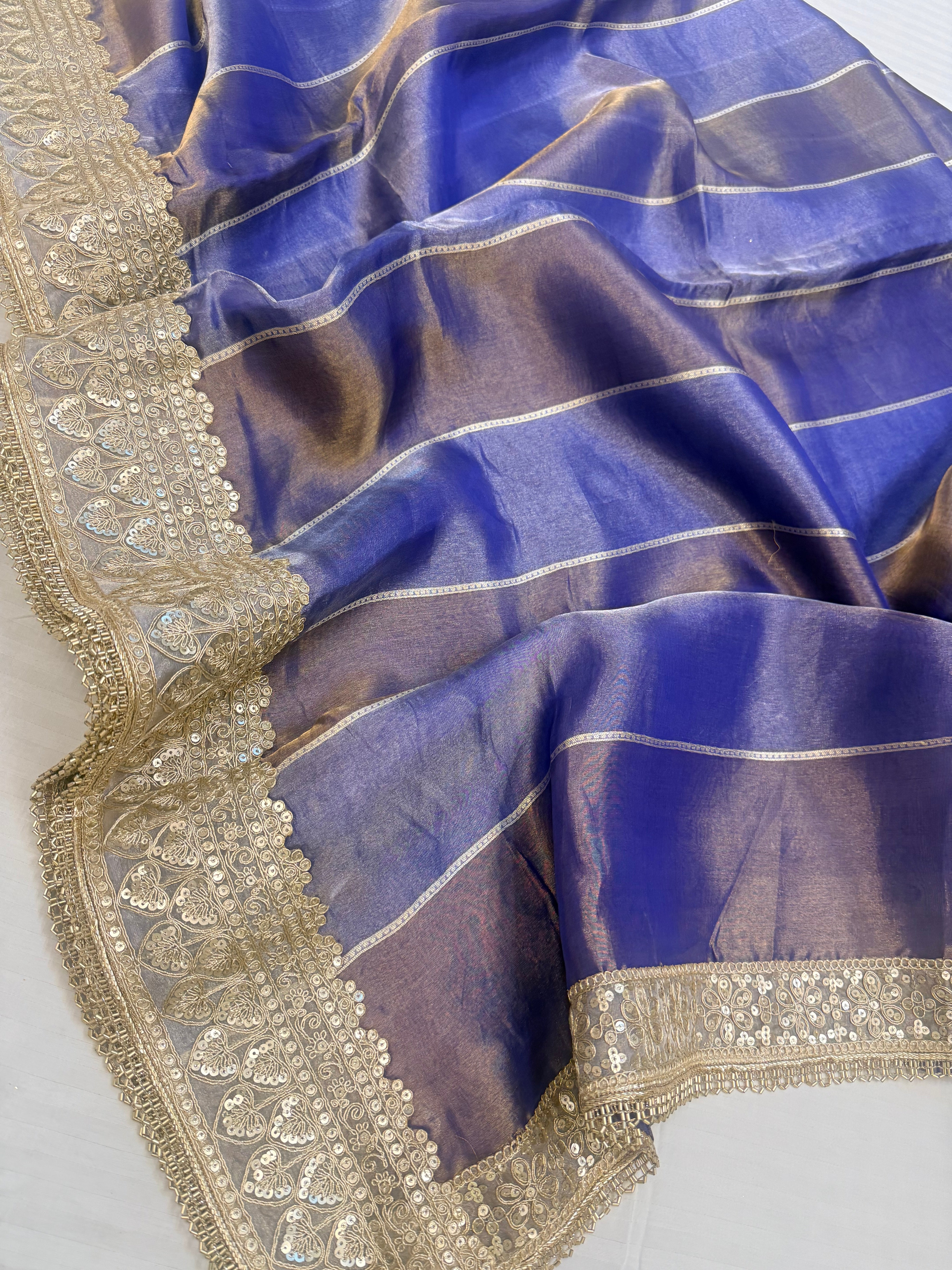 Violet purple tissue silk striped kadhwa gotapatti saree