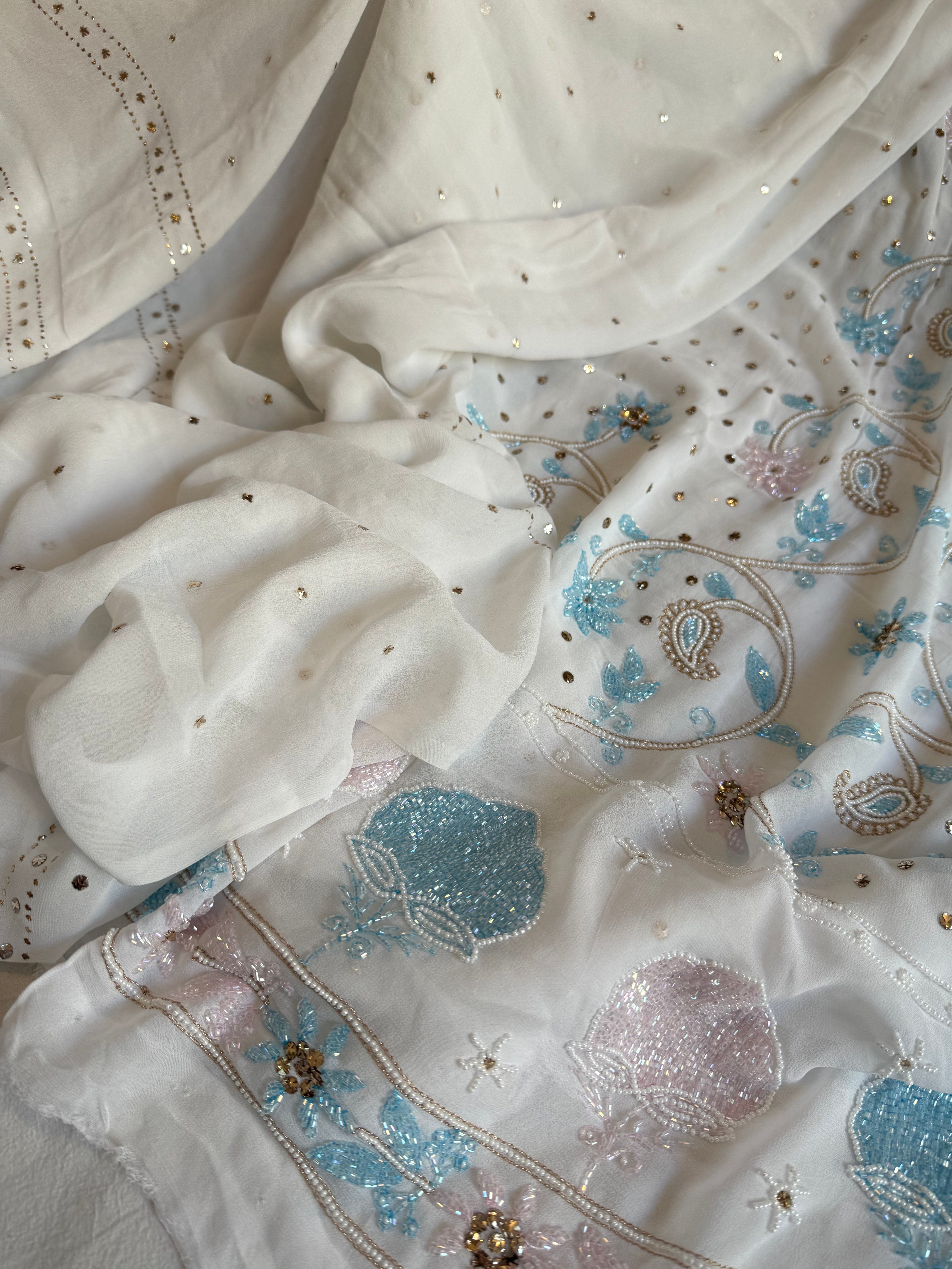 Banarasi gorgette mukaish and pearlwork hand embroidered kadhwa suits