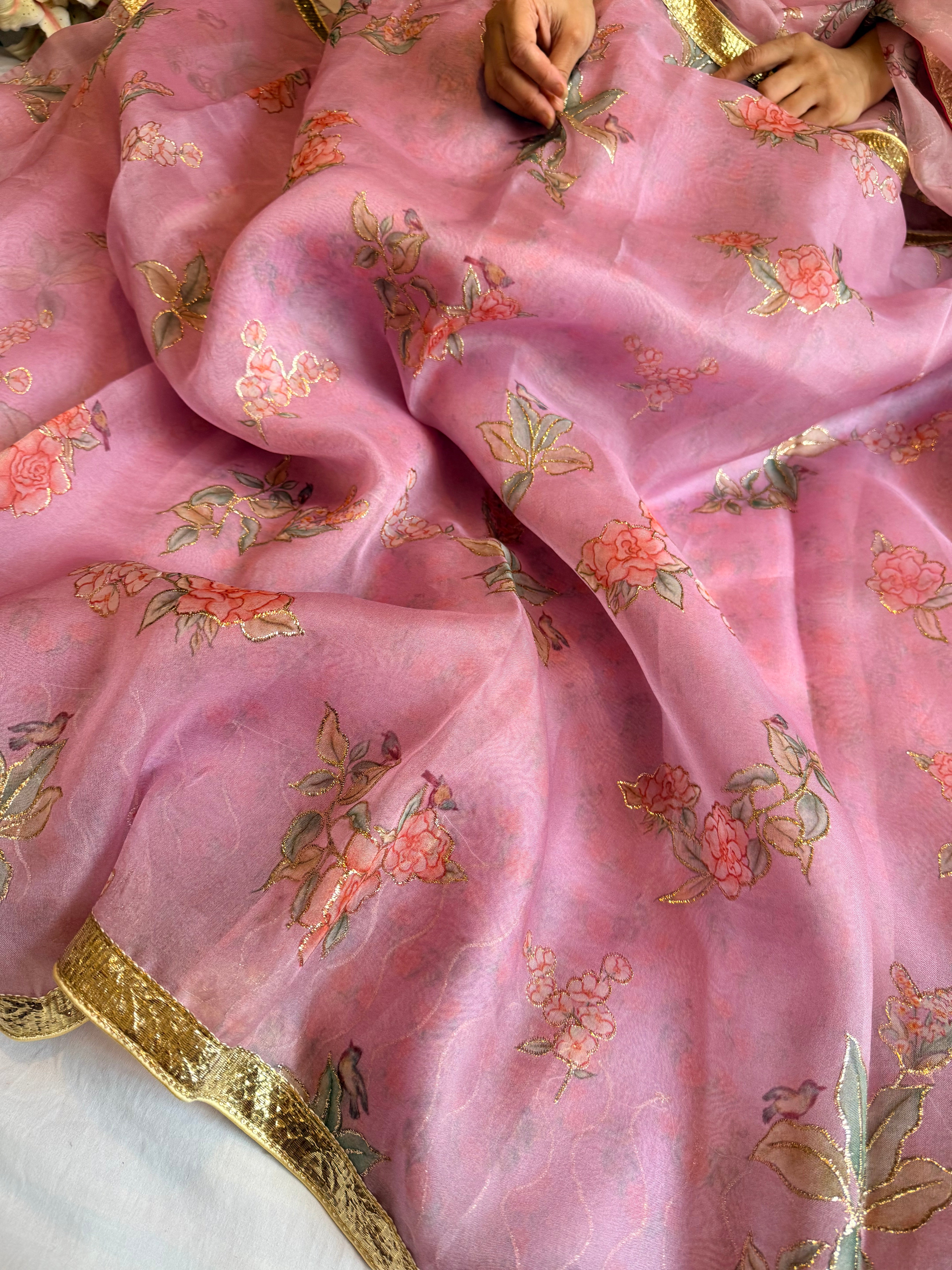 Kora silk printed lampi gotapatti hand embroidered saree