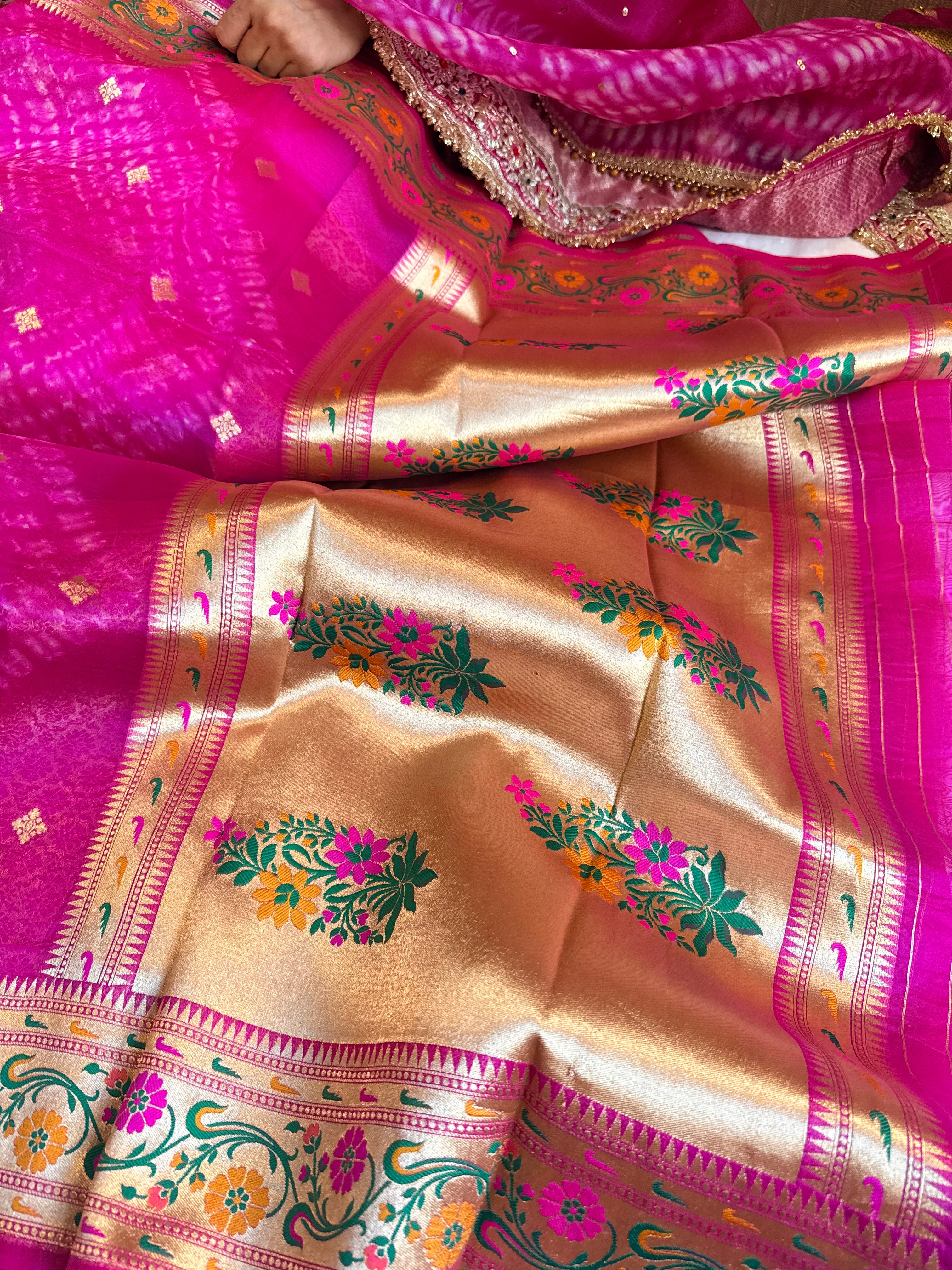 Hot fuchsia pink kora silk paithani meenakari border arshi dye saree