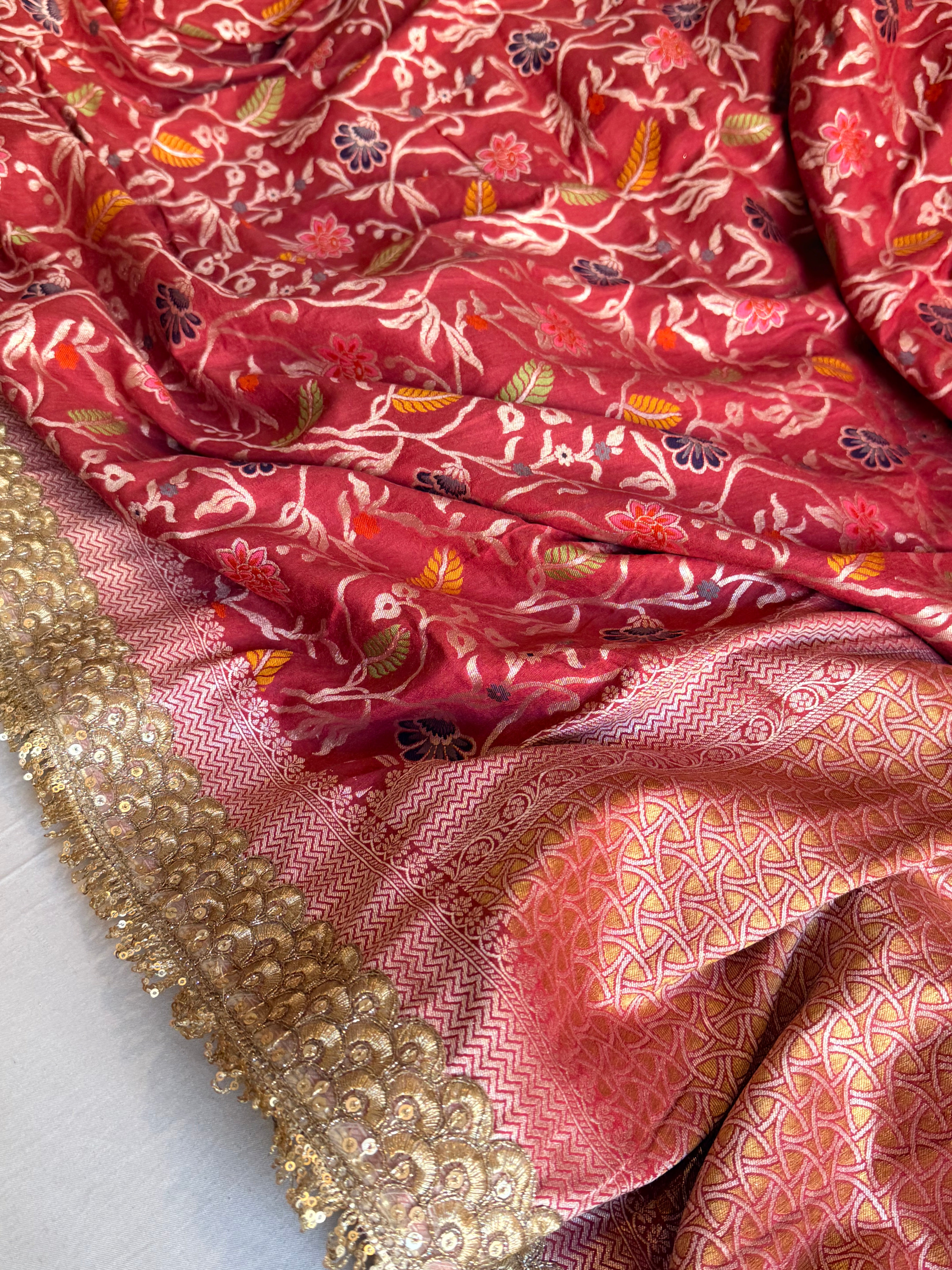 Blood red moonga silk kadhwa jaal meenakari gotapatti saree