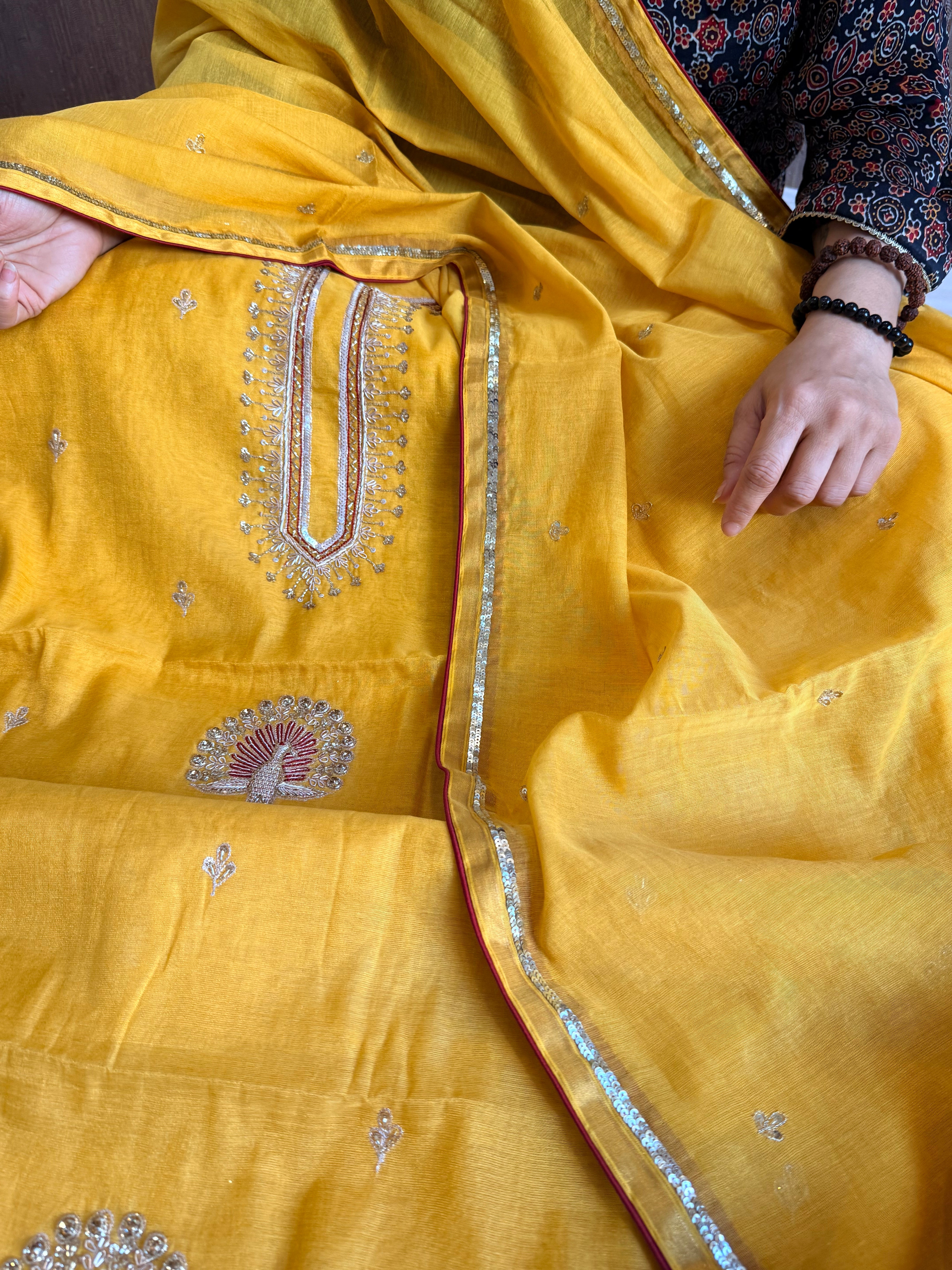 Haldi yellow mul cotton tissue hand embroidered kadhwa suit set