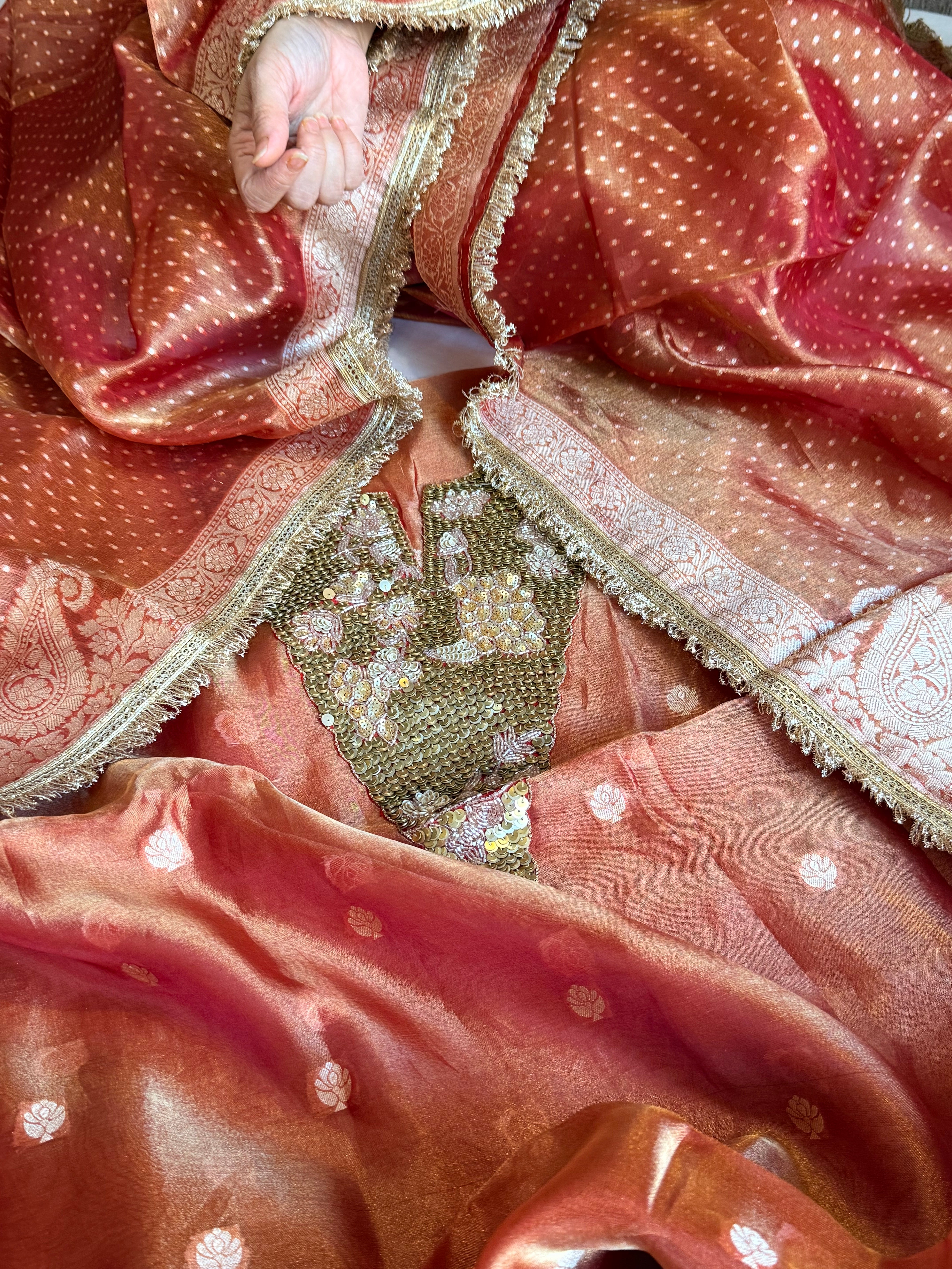 Karwachauth edit tissue silk sequins work hand embroidered suits