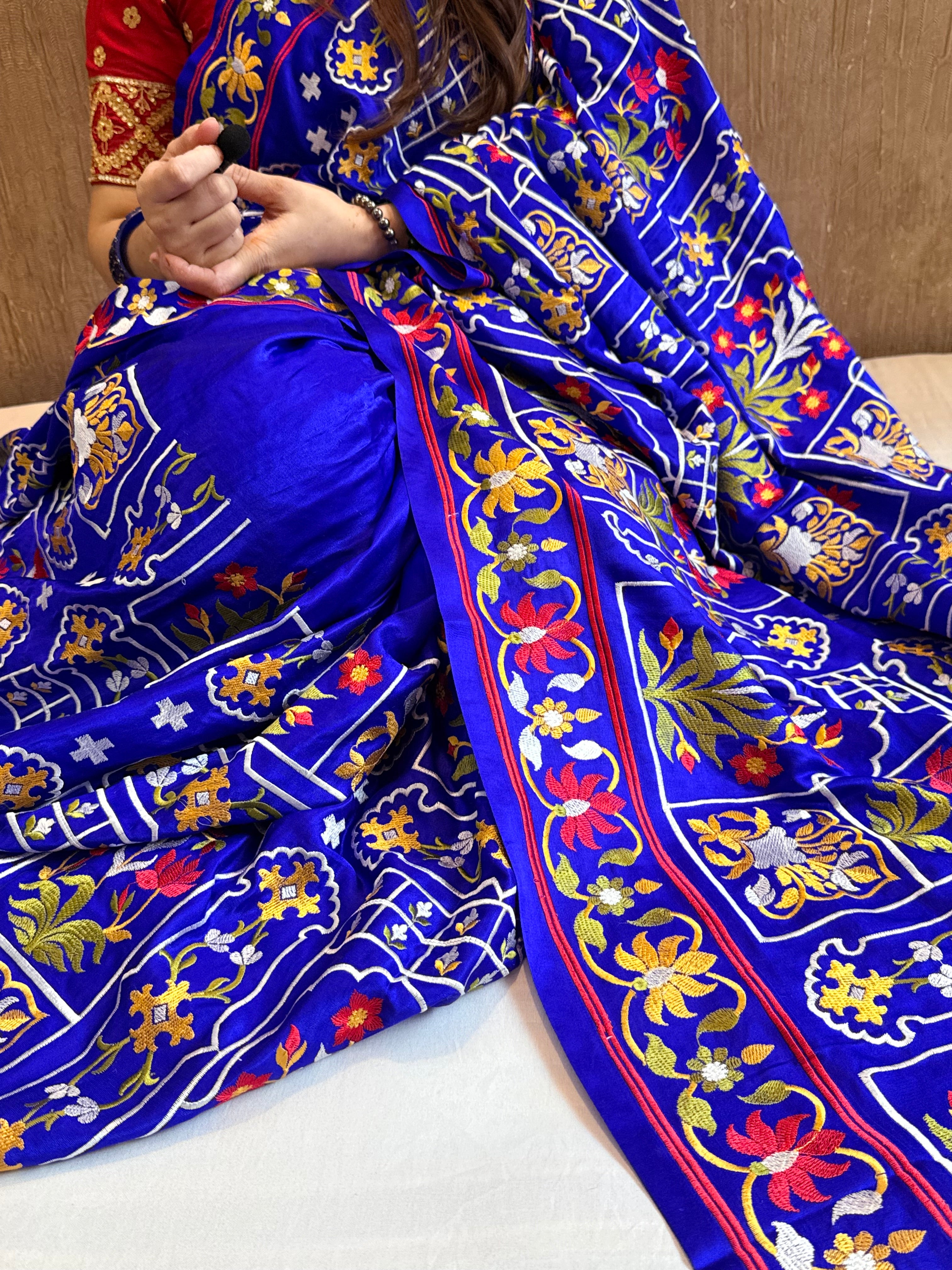 Jamdani hand embroidered ink blue mashru silk thread embroidered saree