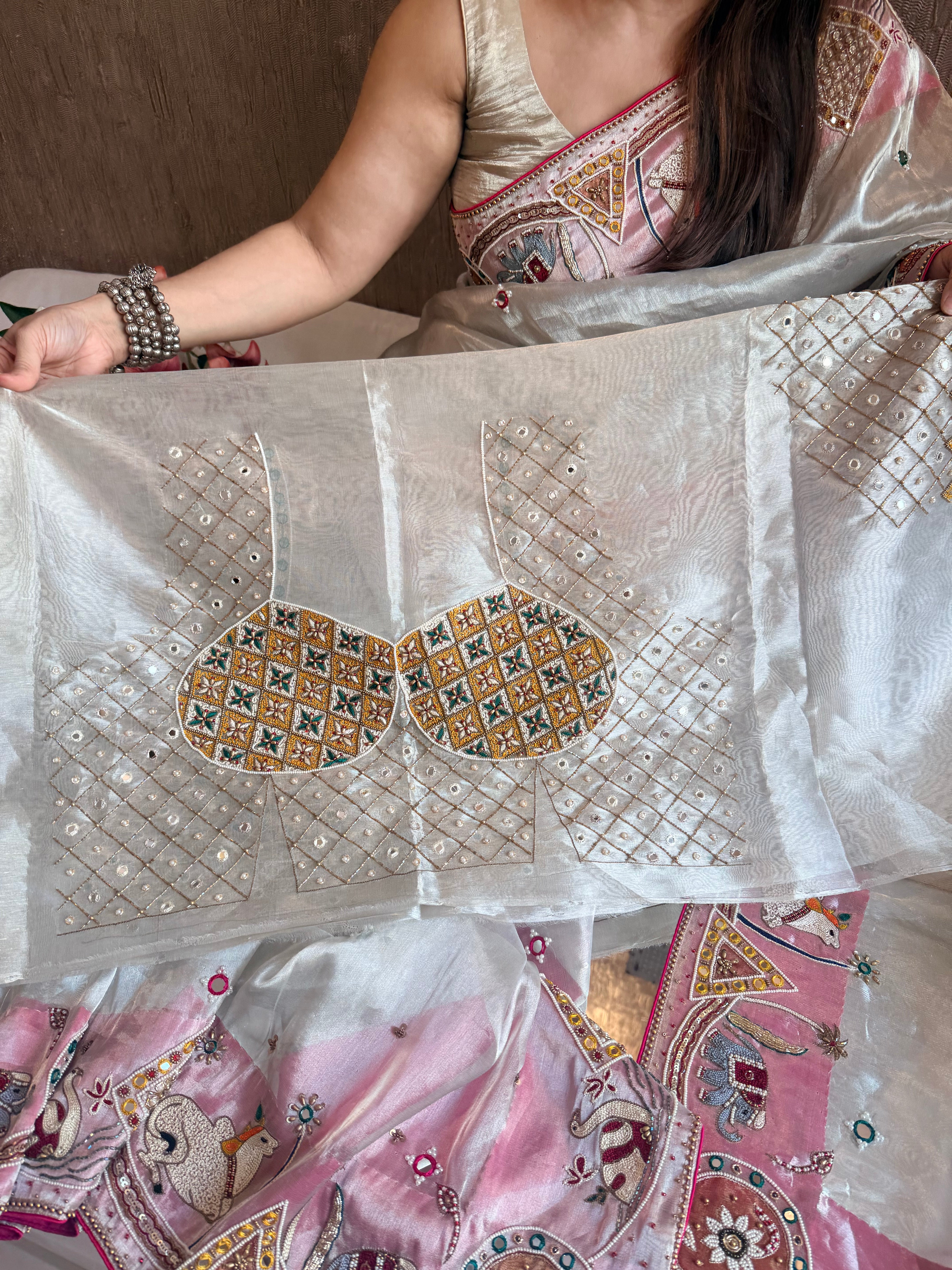 Sufi night saree - Diamond tissue silk kutchi meenakari work hand embroidered saree