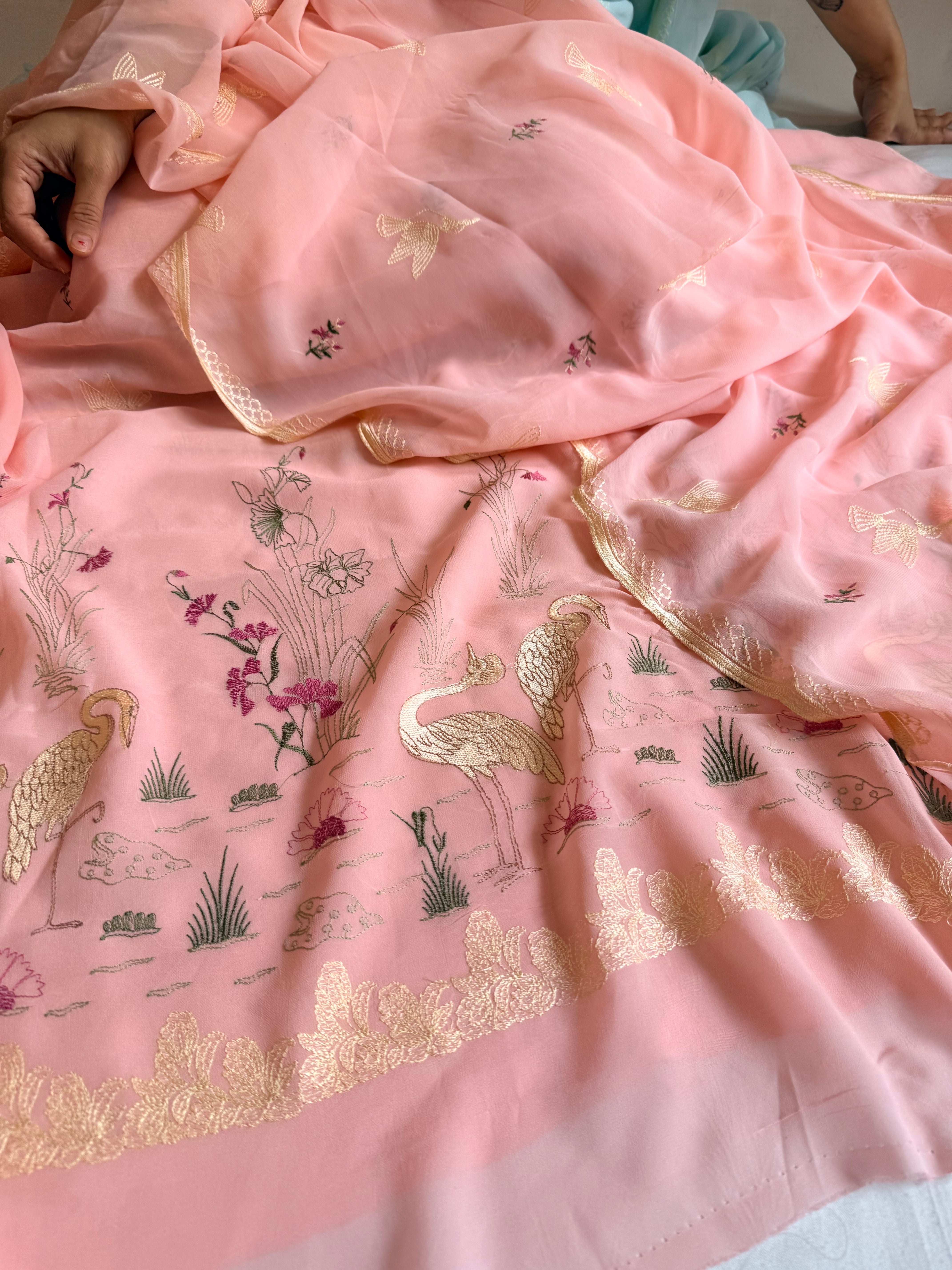 Chiffon gorgette blush peach flamingo meenakari hand embroidered suit