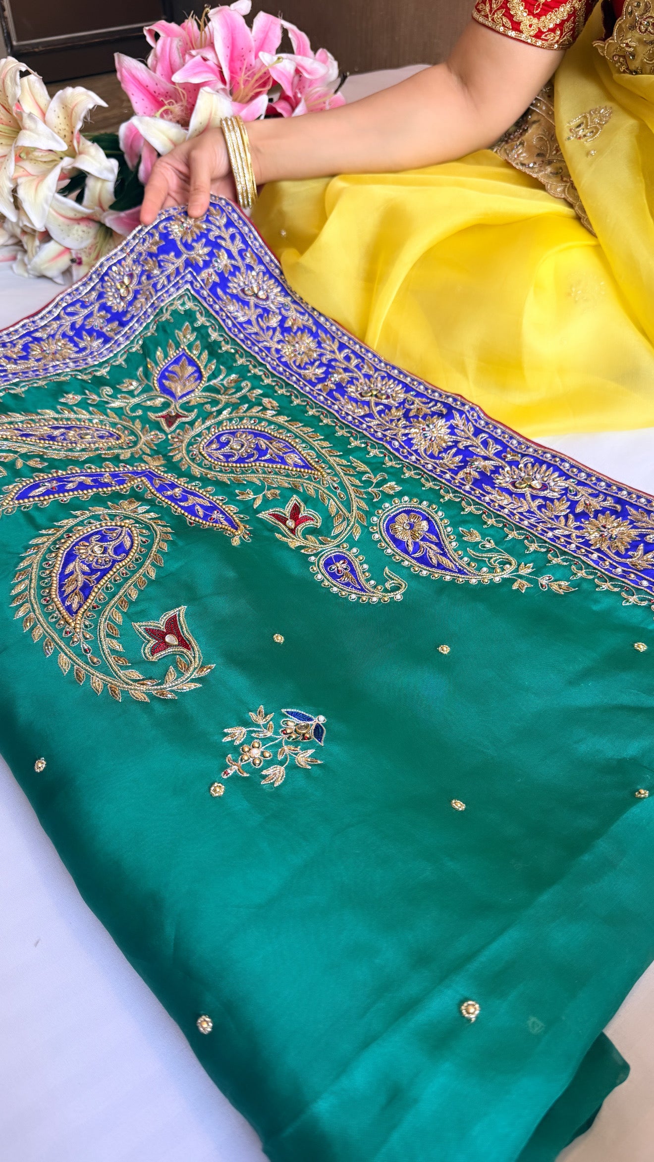 Mummy ki purani wali saree edit - Blue-green-purple kora silk kadhwa hand embroidered saree