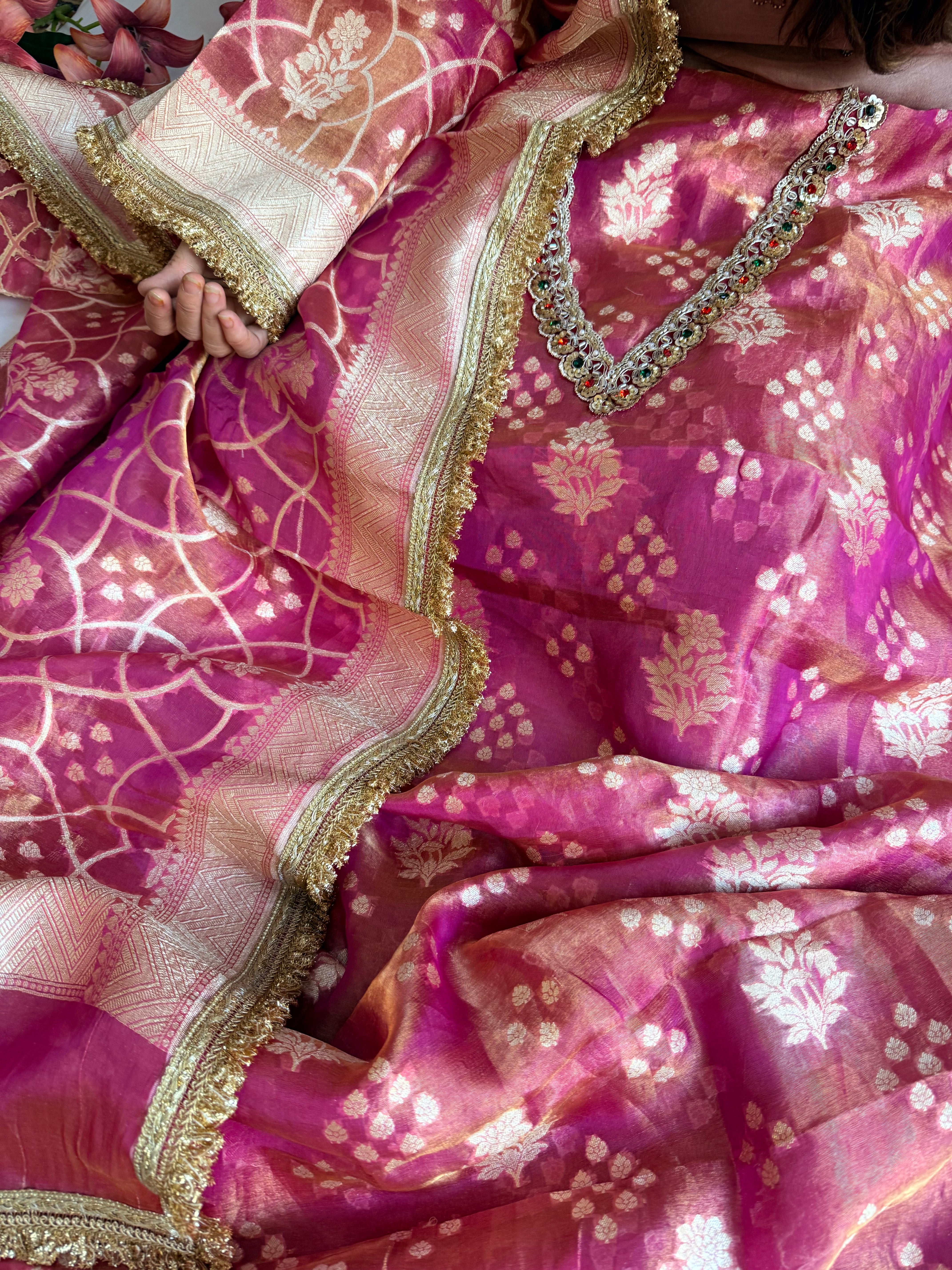 Navratna cherry pink tissue silk kadhwa buti hand embroidered suit sets