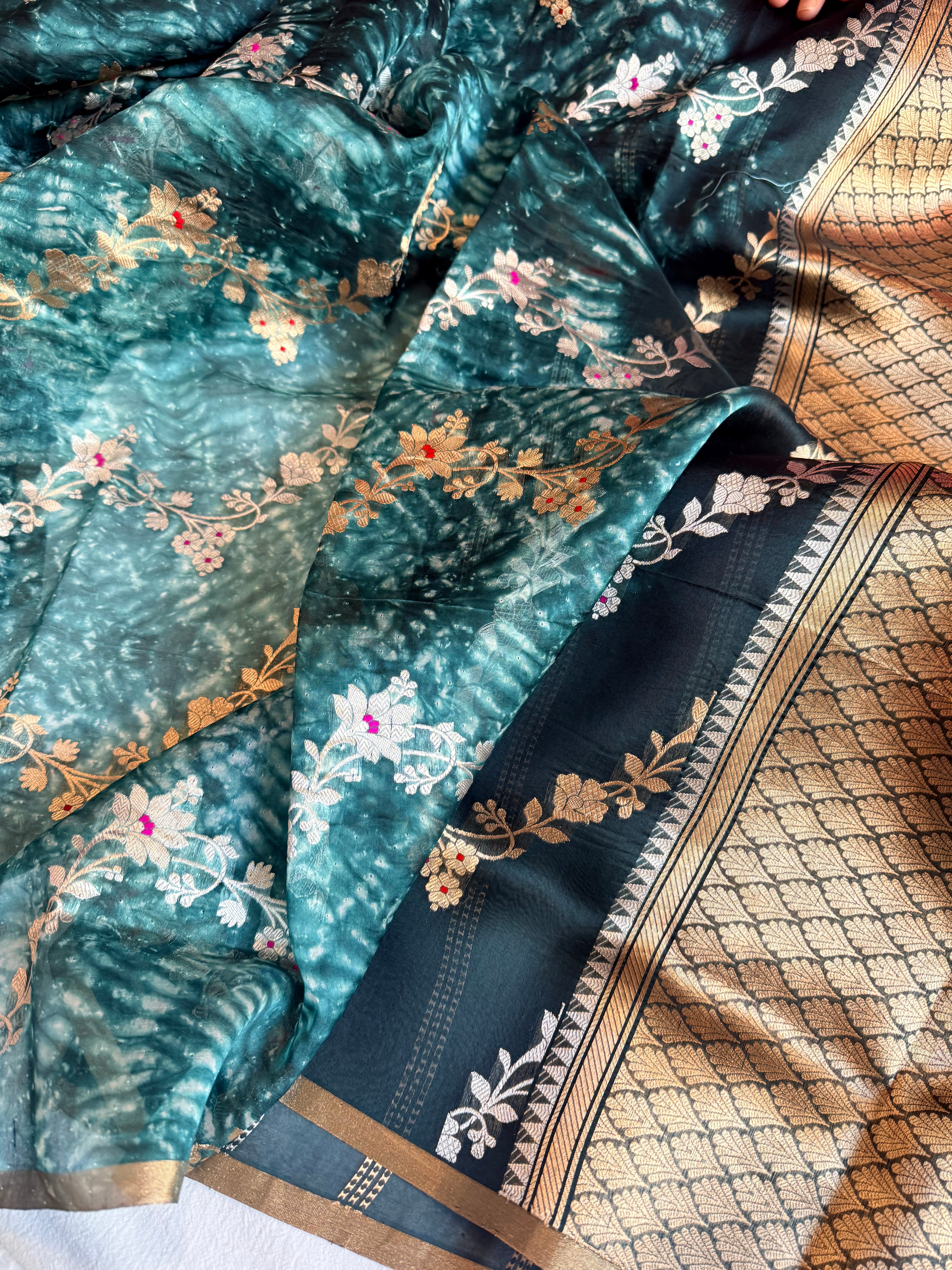Shibori edit - Banarasi kora silk kadhwa buti shibori hand dyed saree