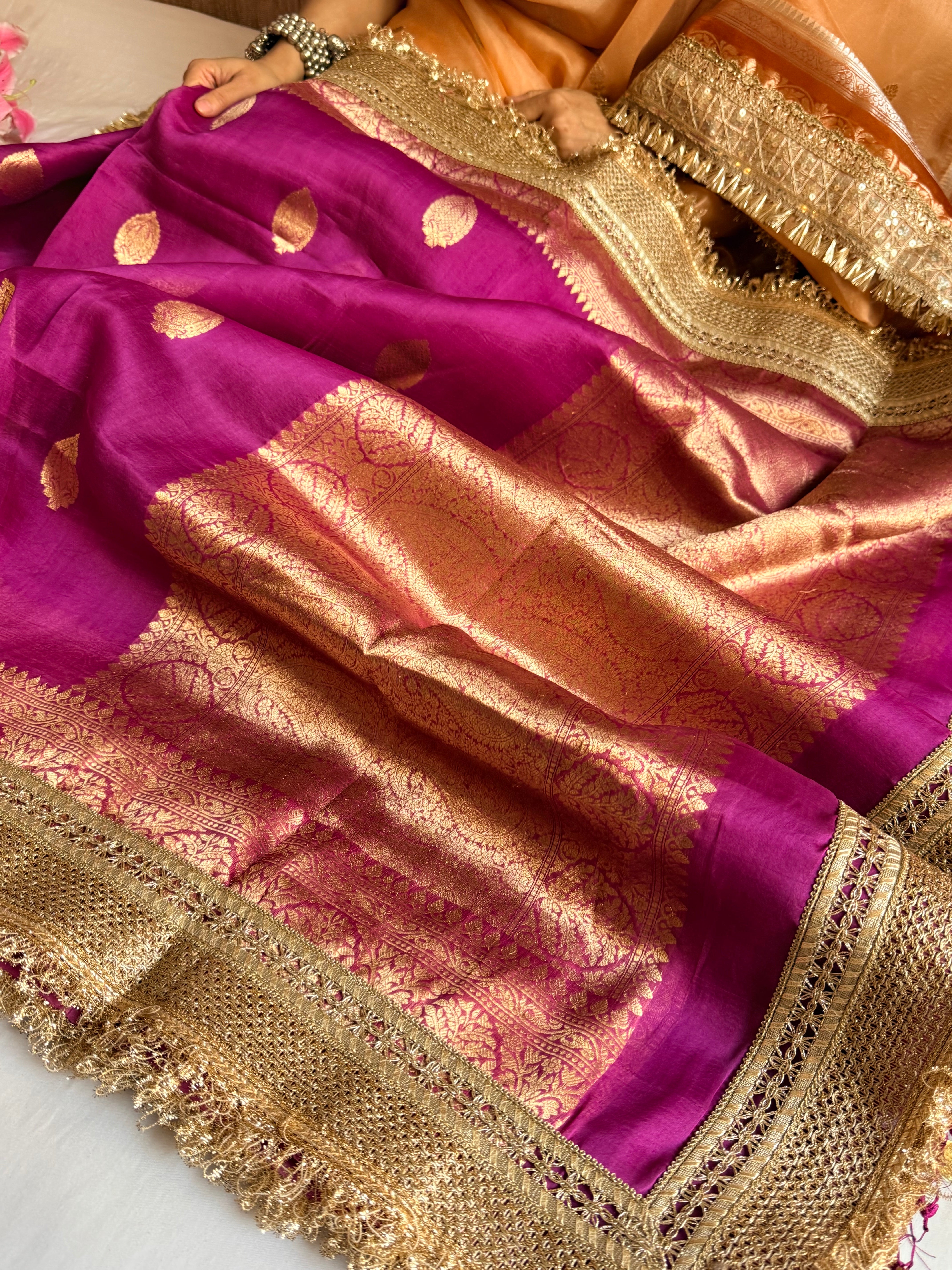 Banarasi leela magenta purple kora silk kadhwa saree