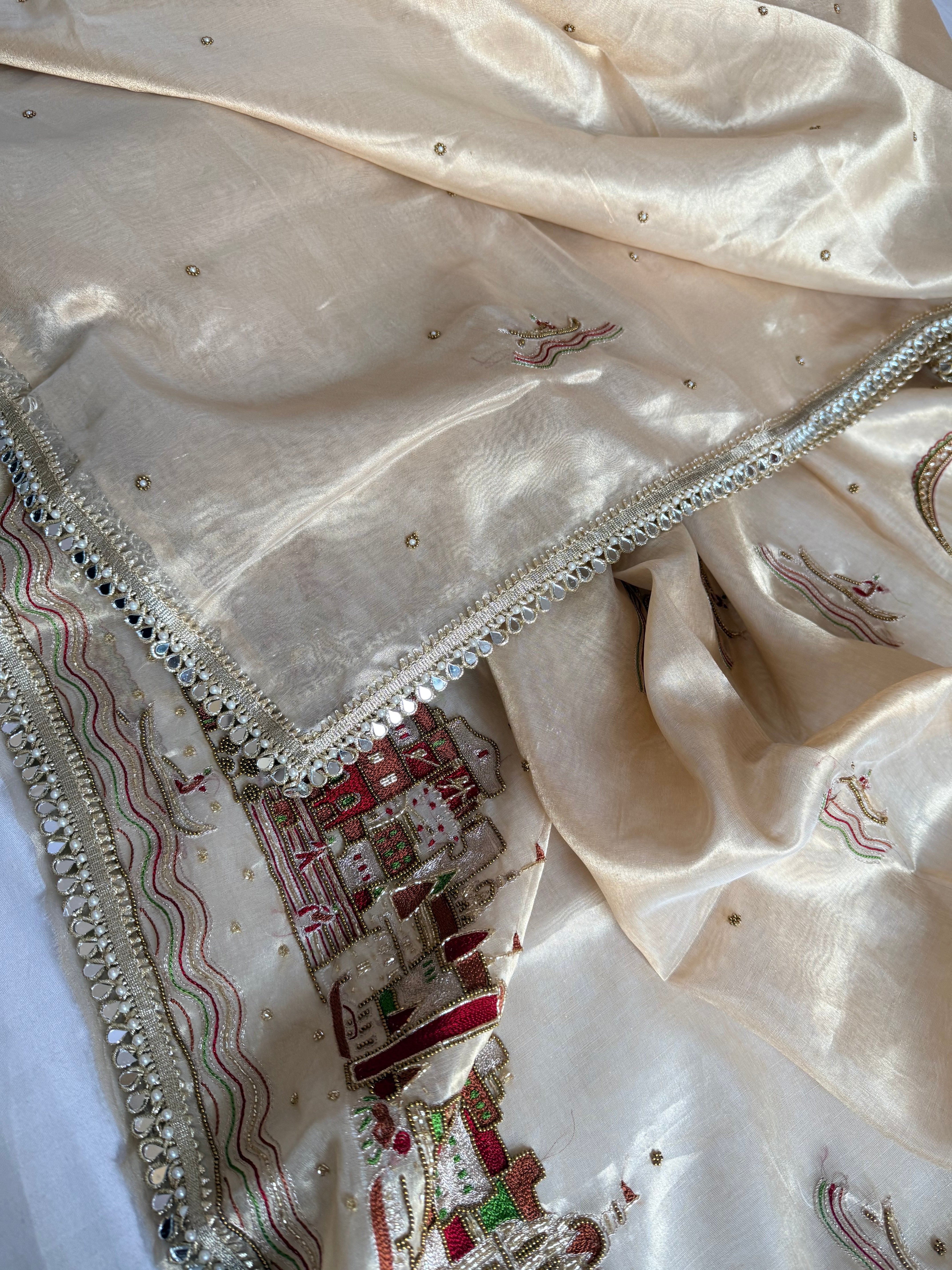 Gangaghat molten gold tissue silk hand embroidered suit set