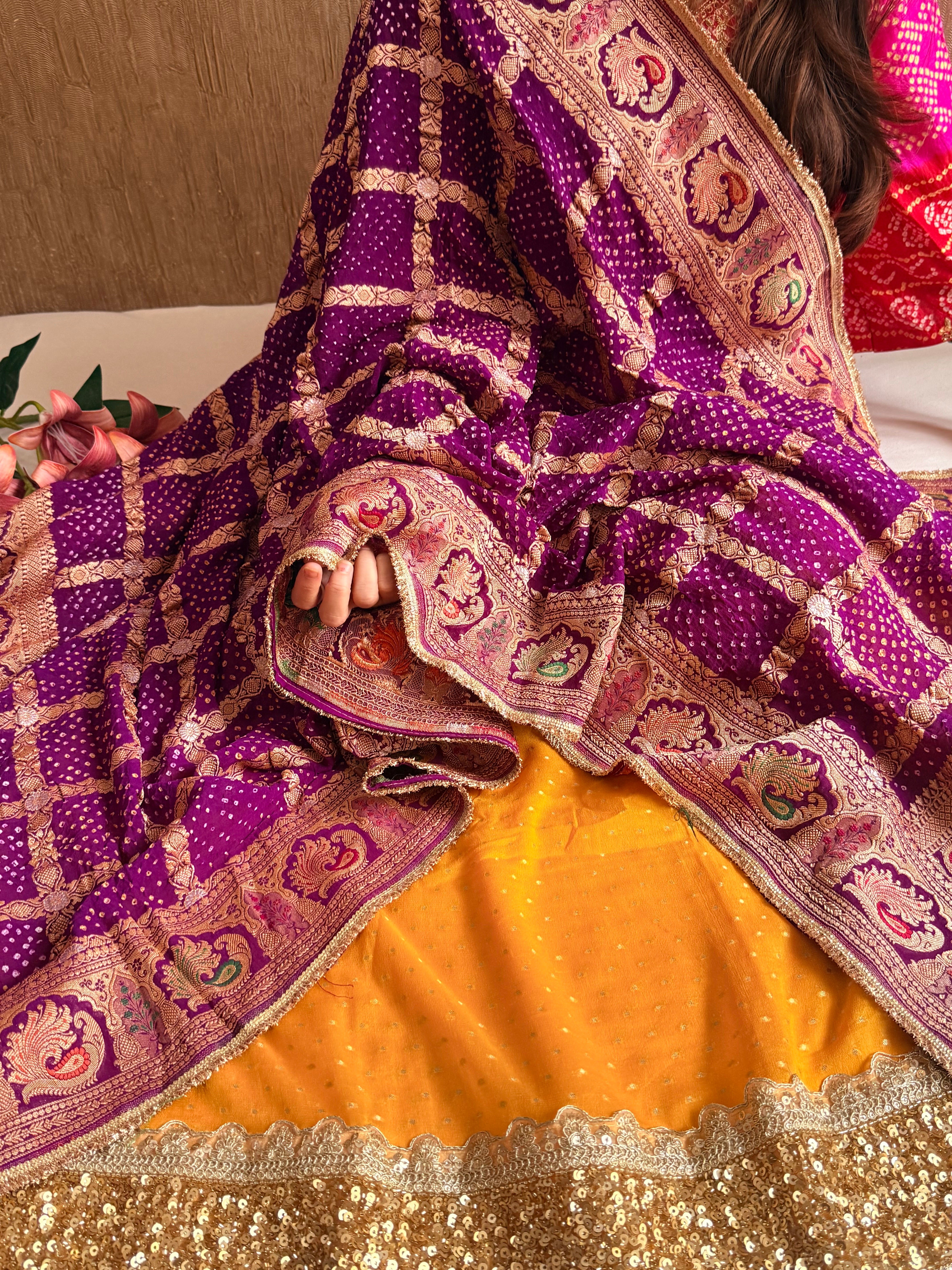 Rai bandhej chiffon gorgette sequin work hand embroidered suit set