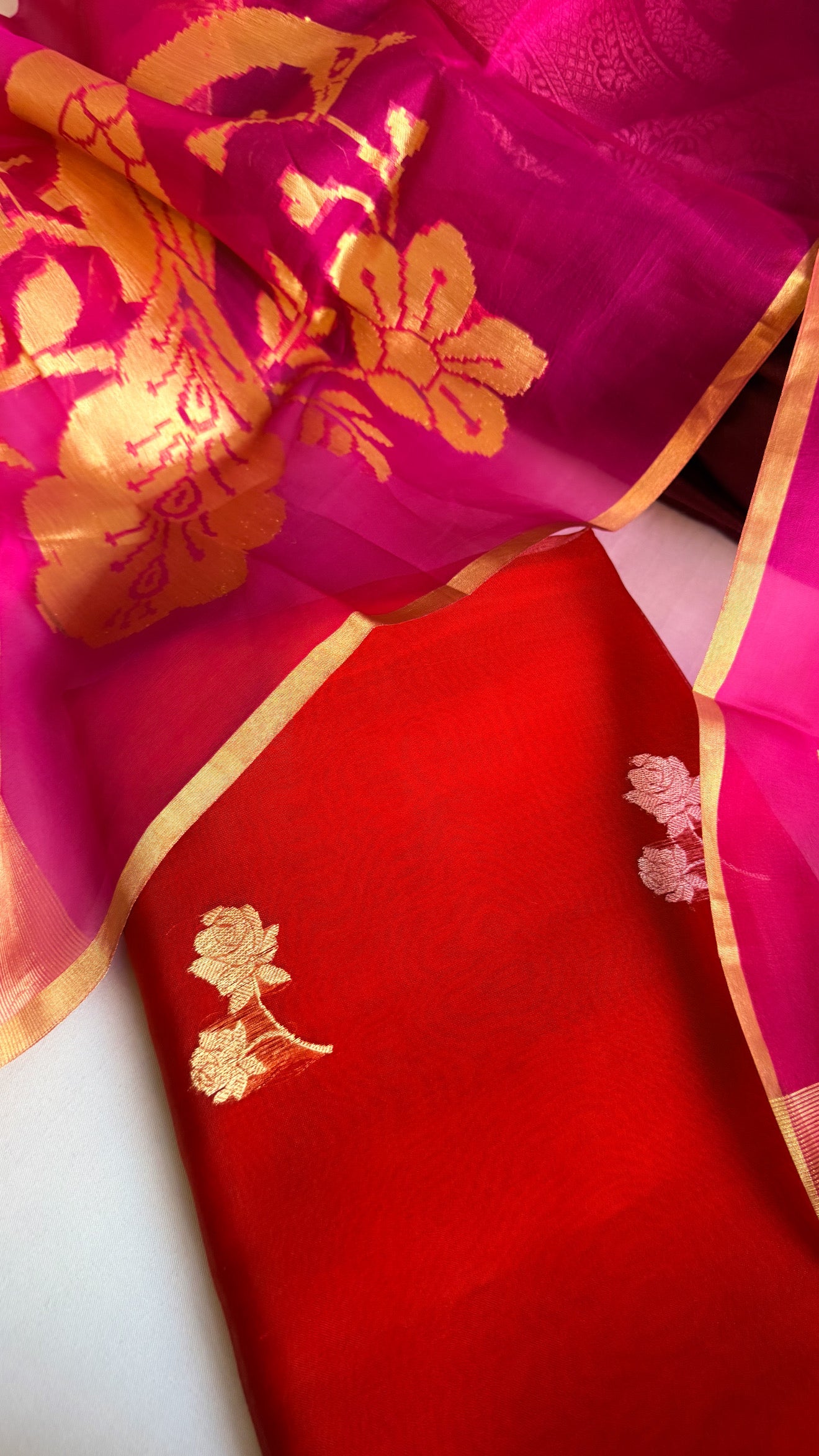 Peacock motif kora silk kadhwa mustard-red combination suit set