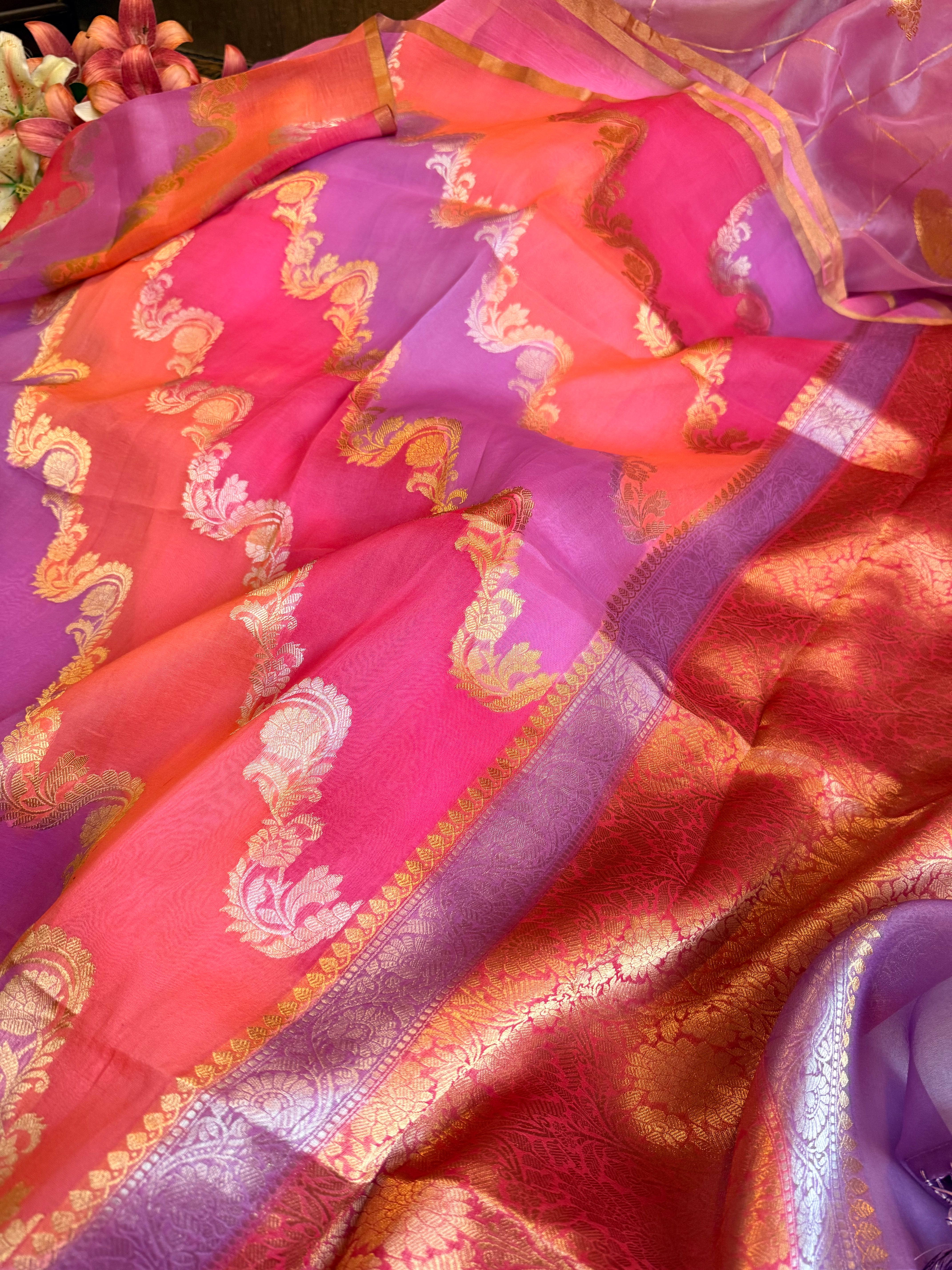 Kora silk rangkaat weaving rainbow dyed jaalwork kadhwa saree