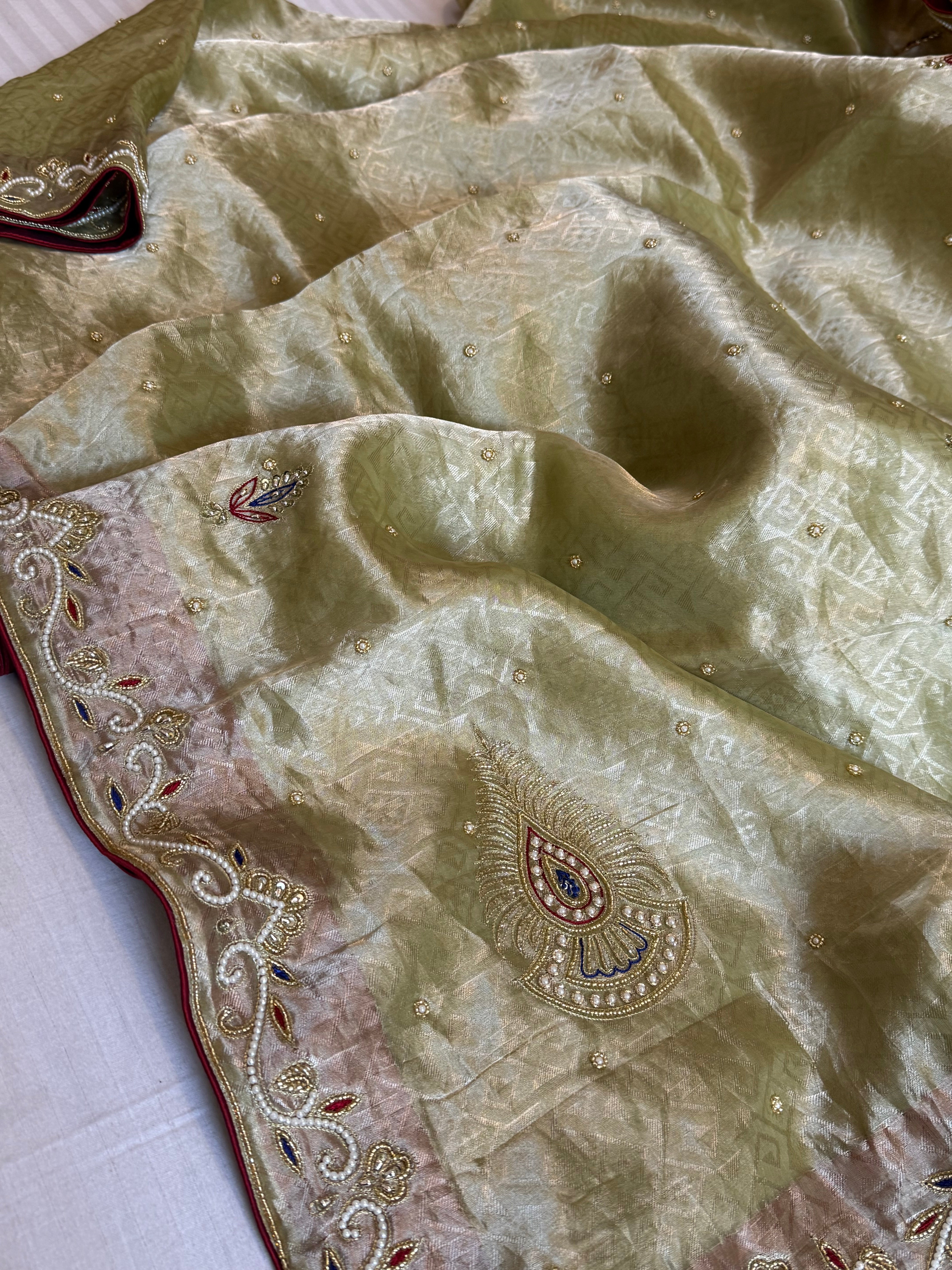 Pakeezah edit 2.0 - Mint green zardozi hand embroidered tissue silk kadhwa saree