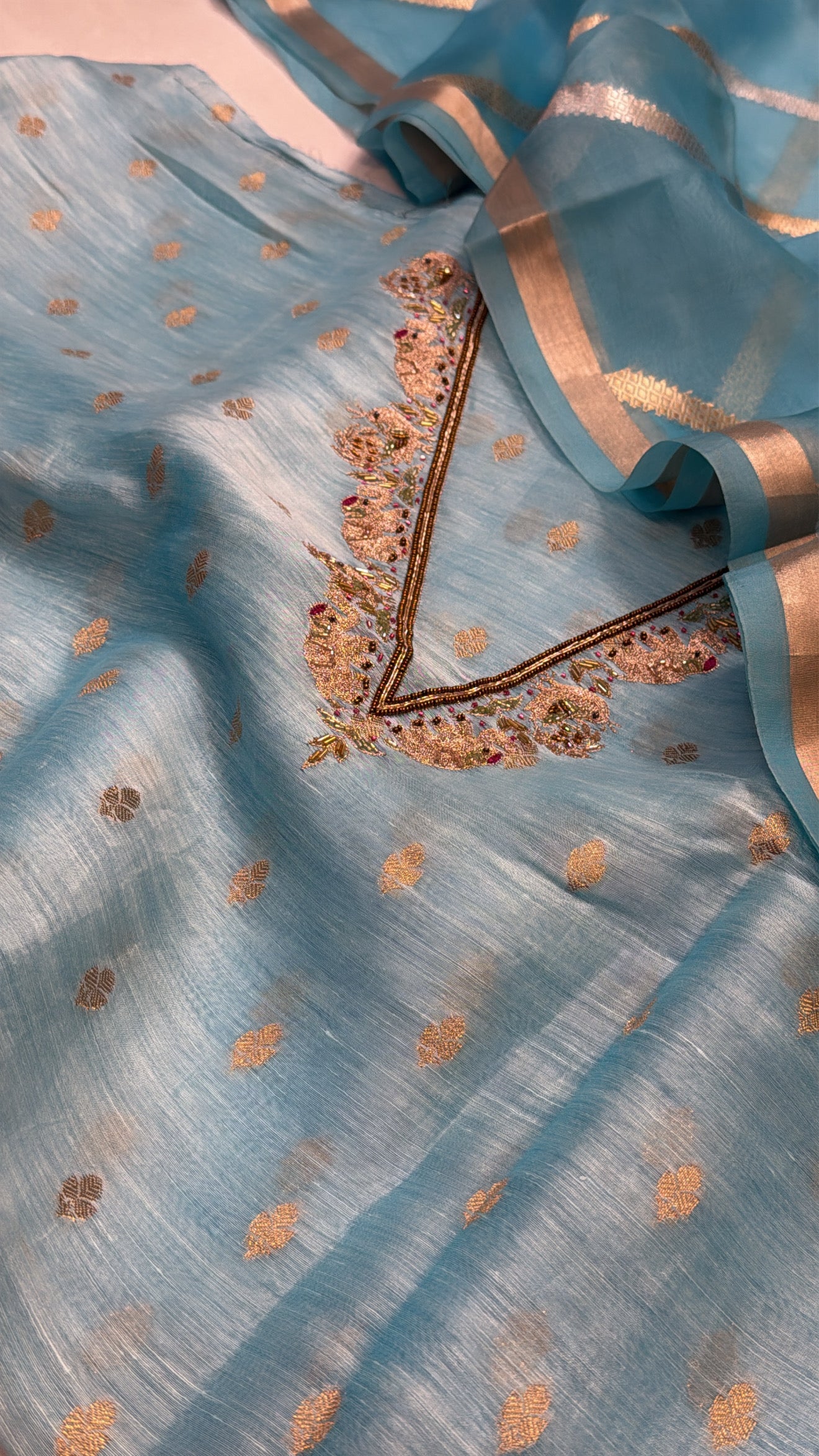 Sky blue linen gorgette hand embroidered kurta paired with kora silk duppata set