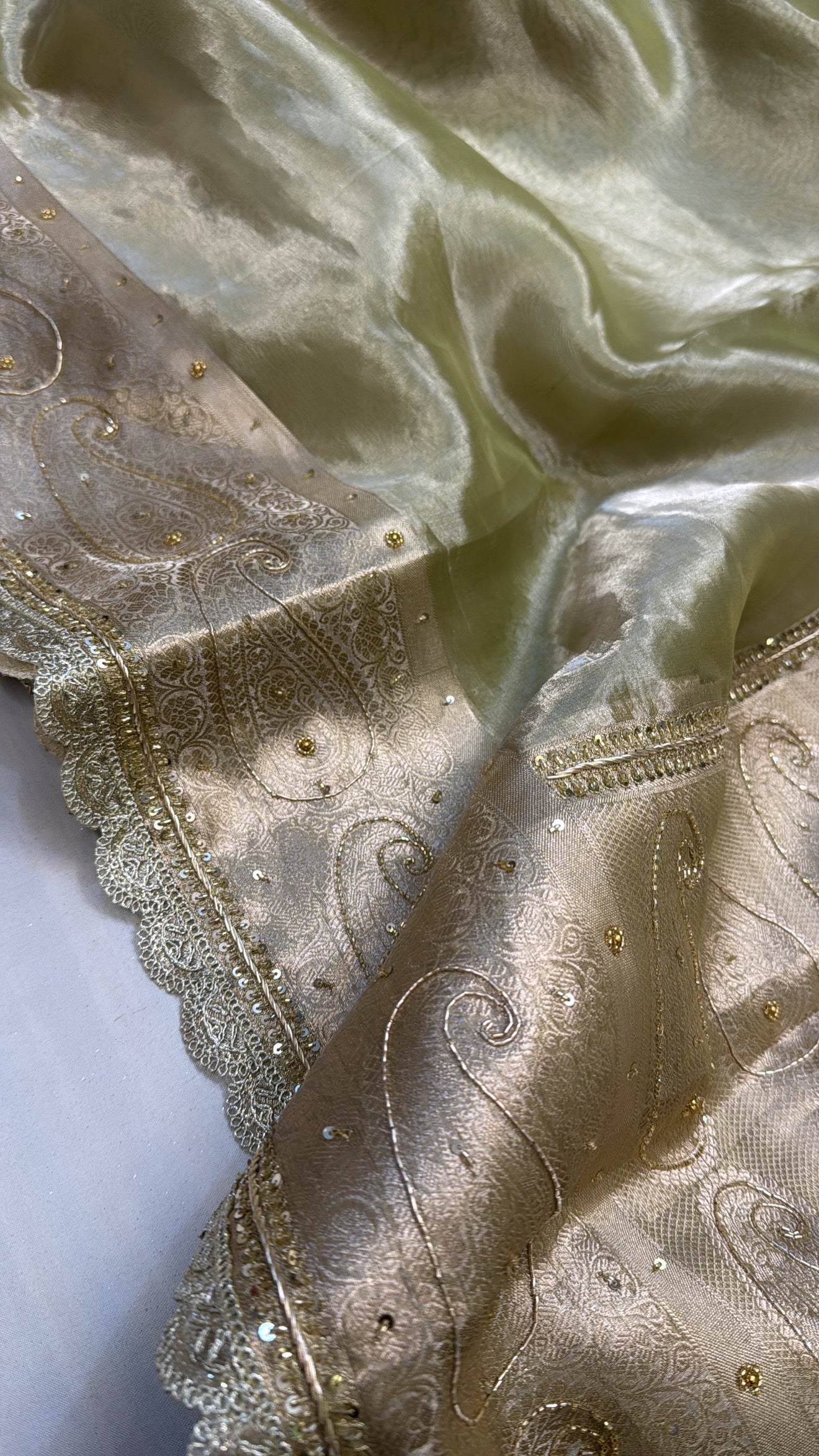 Mint green tissue silk hand zardozi work embroidered kadhwa saree