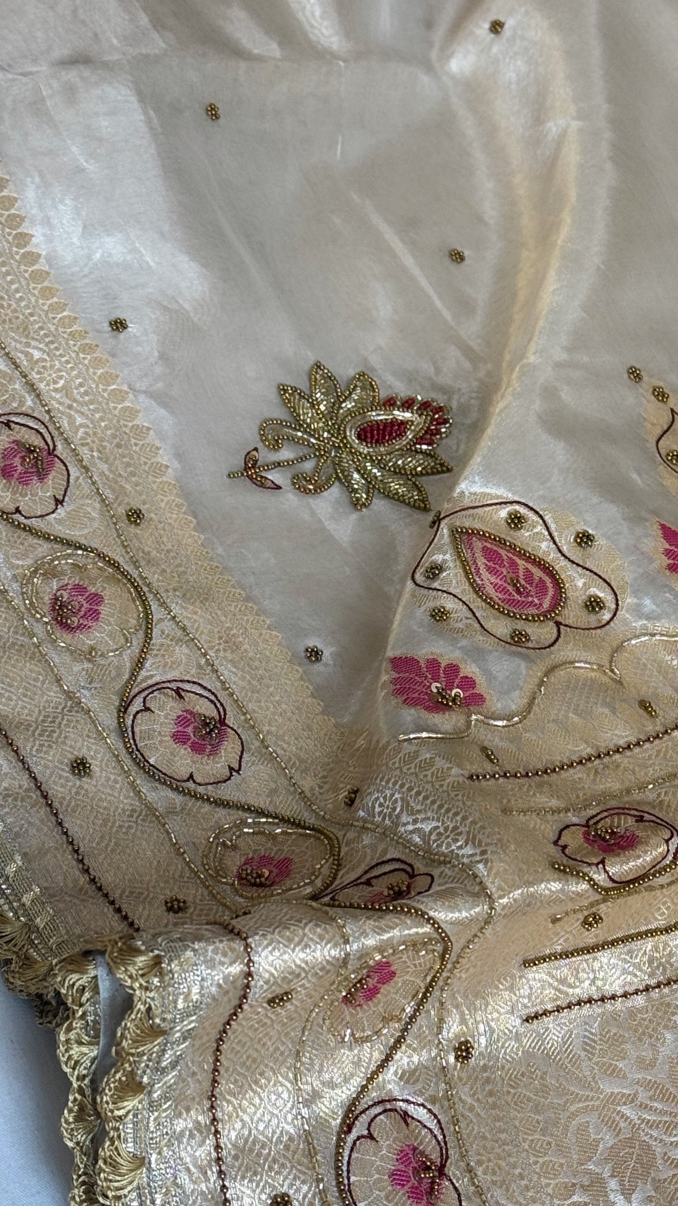 Moonlight silver diamond tissue pink meenakari kadhwa hand embroidered saree