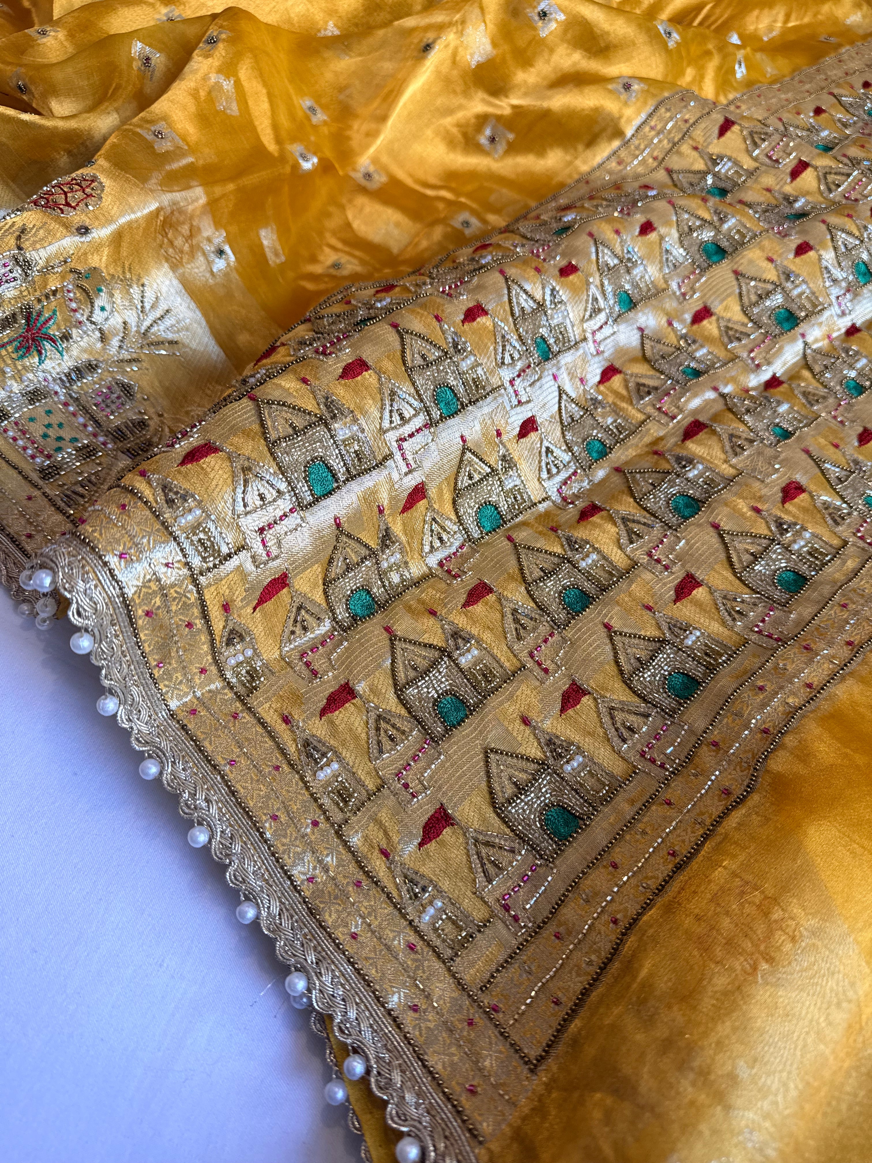 Ganga-darshan edit - Tissue silk kanjivaram yellow hand embroidered kadhwa saree