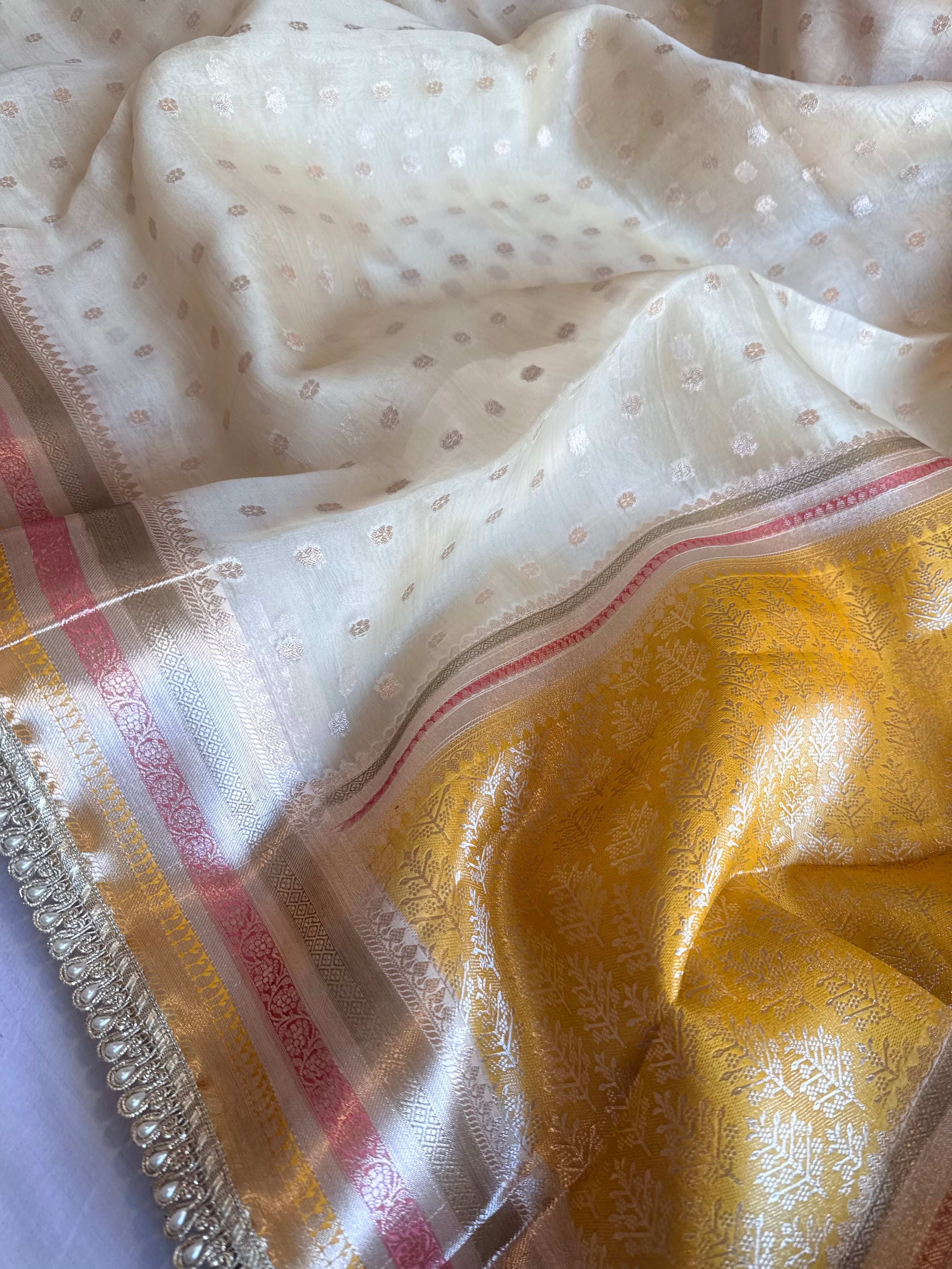 Banarasi kora silk rainbow dyed kadhwa saree with gotapatti work