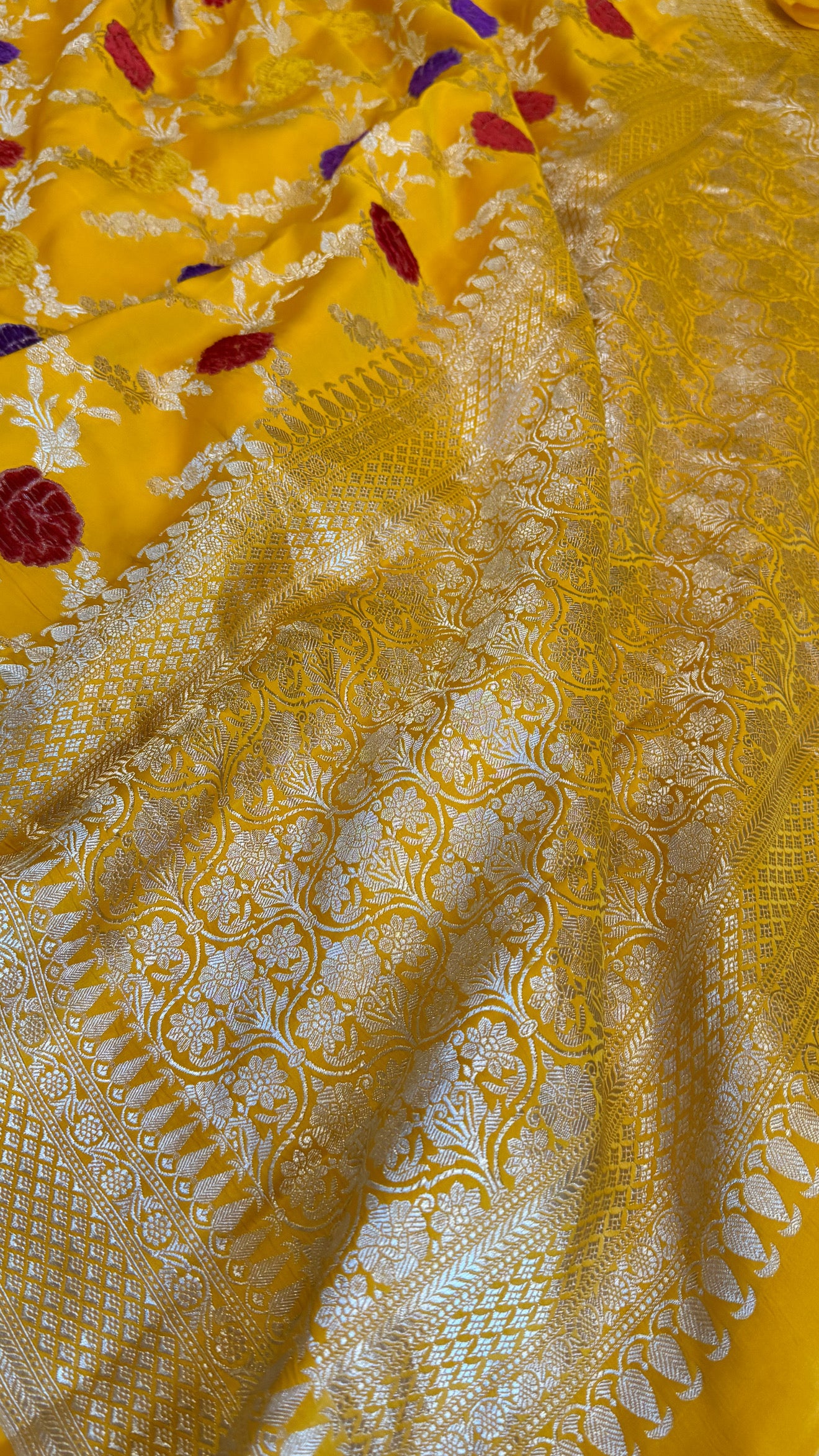 Haldi yellow banarasi mashru silk velvet buti kadhwa weaving saree