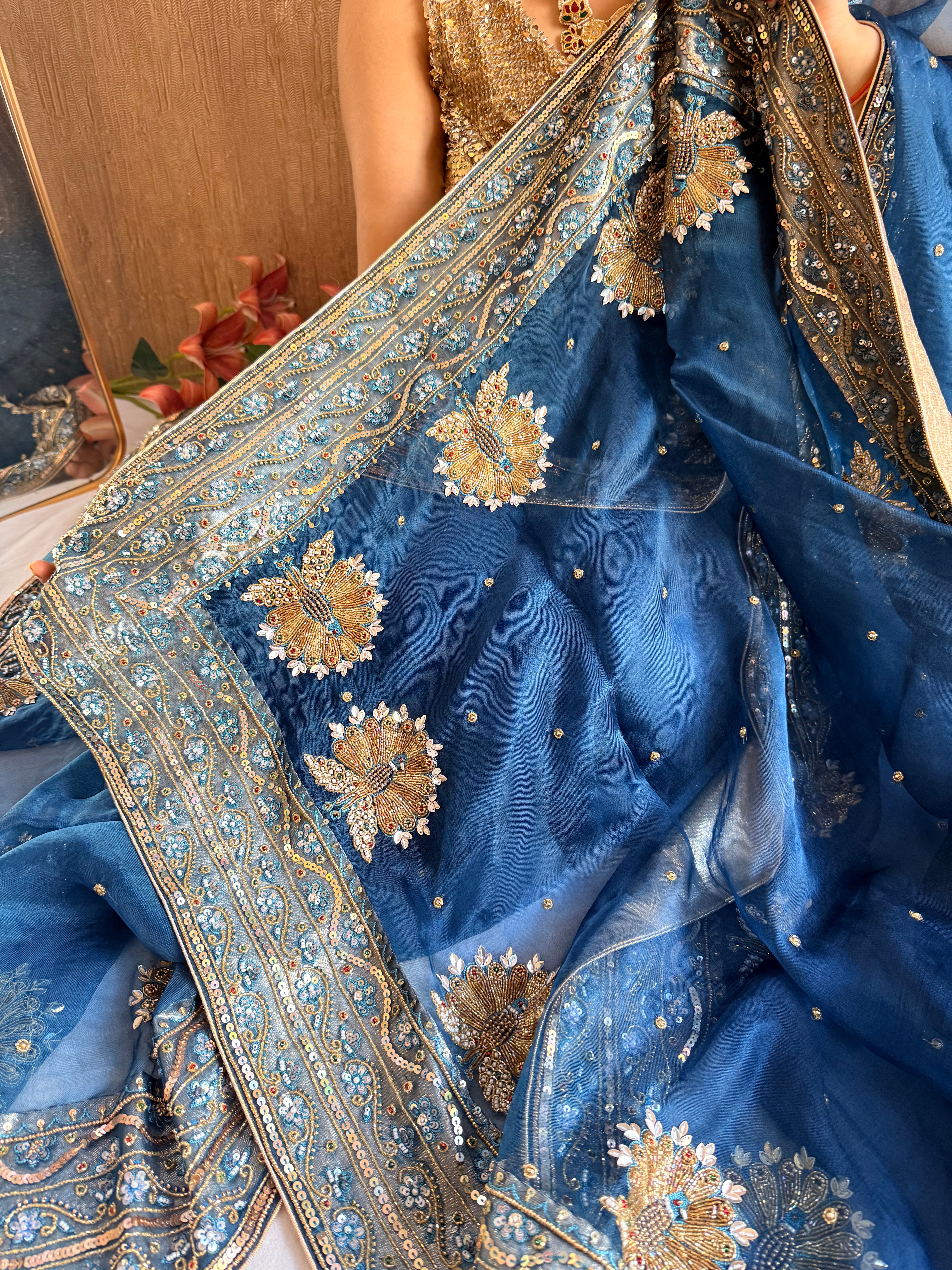Morpankh edit - Peacock blue kora silk zardozi hand embroidered mor motif saree
