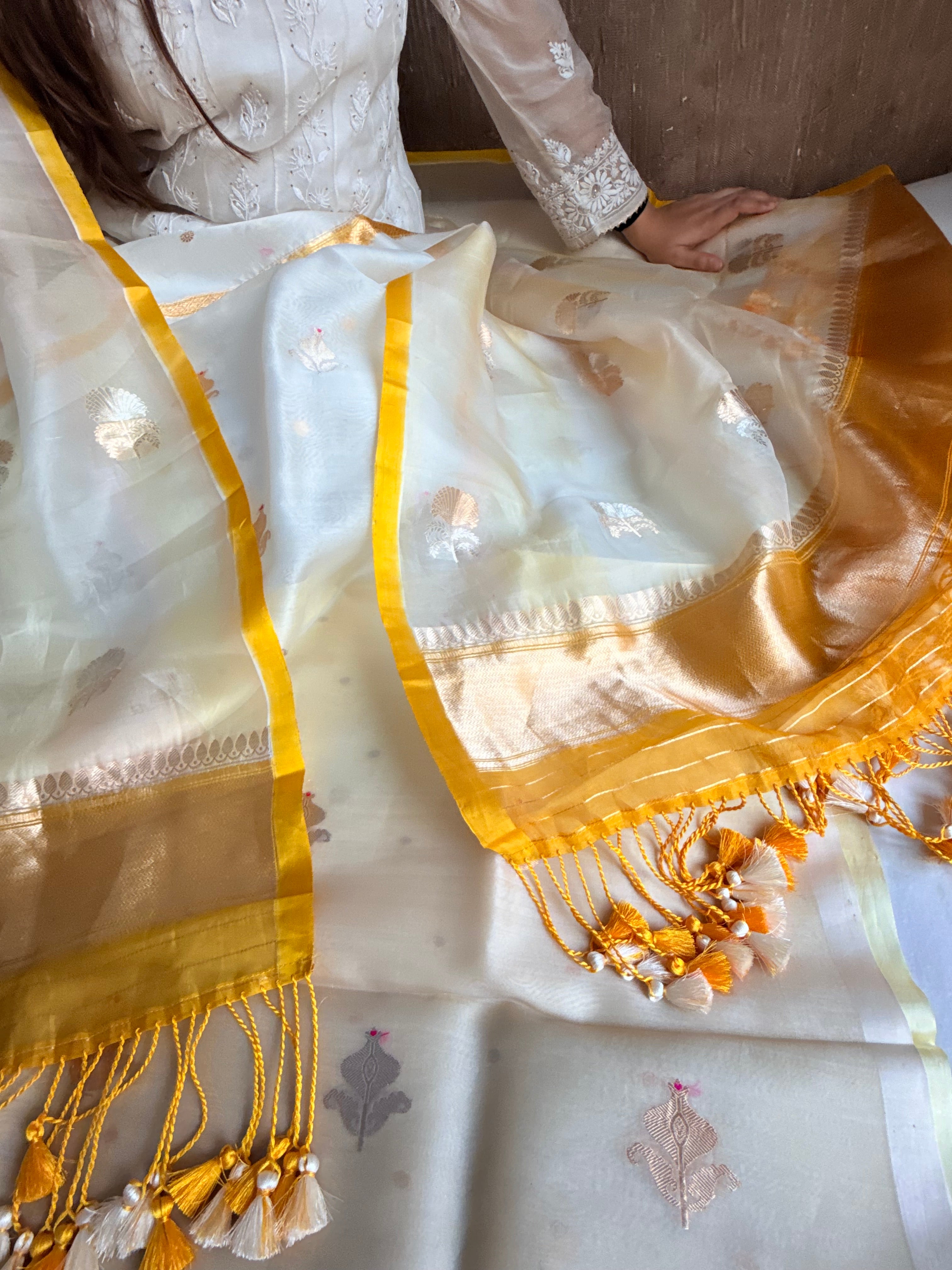 Pastel shaded kora silk rainbow dye kadhwa banarasi suit set