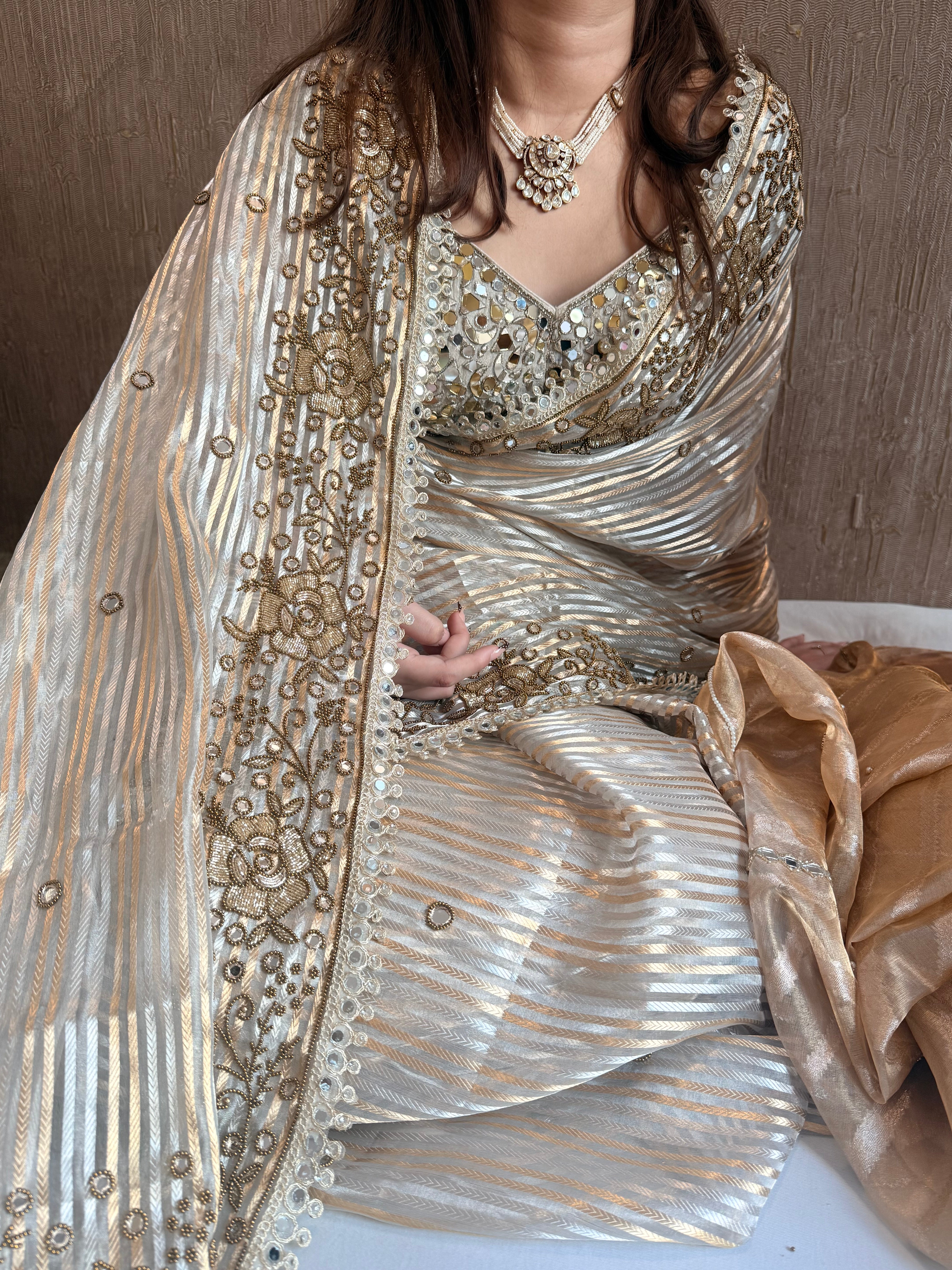 Butter gold sona rupa striped tissue silk hand embroidered saree