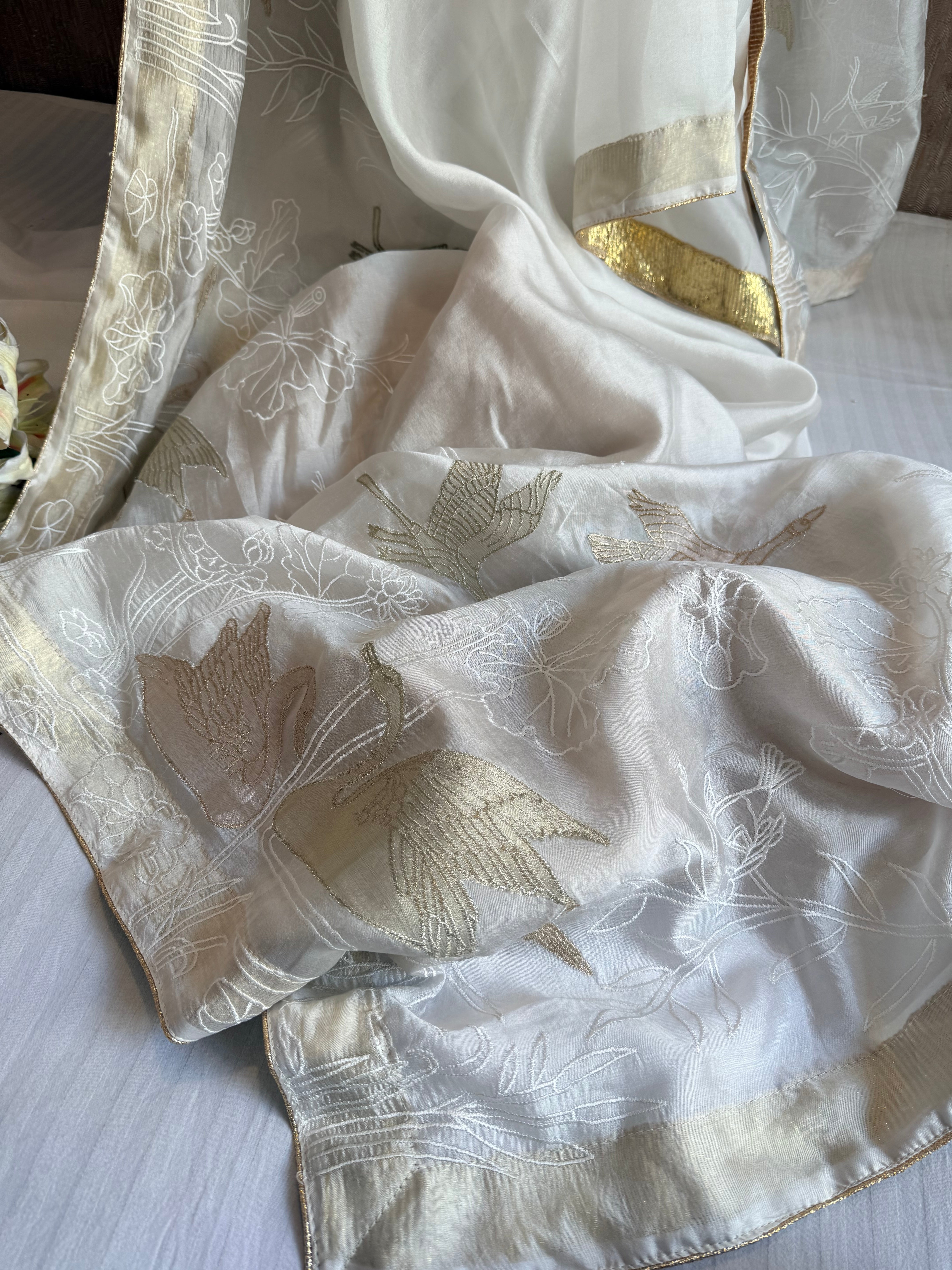 Hans wala safeed spun chiniya silk appliqué tissue hand embroidered lampiwork saree
