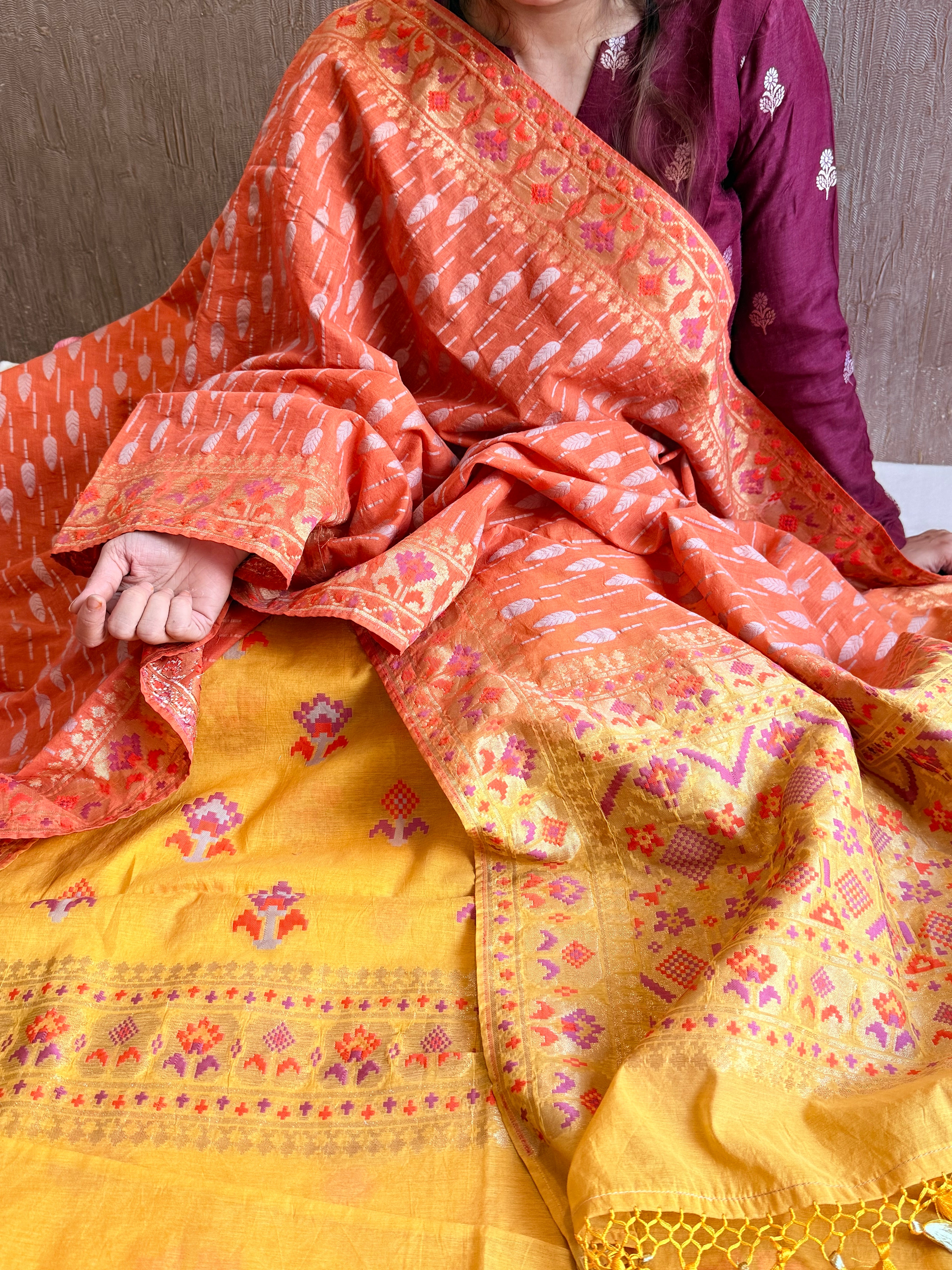 Mul cotton banarasi kadhwa buti haldi yellow - orange suit set