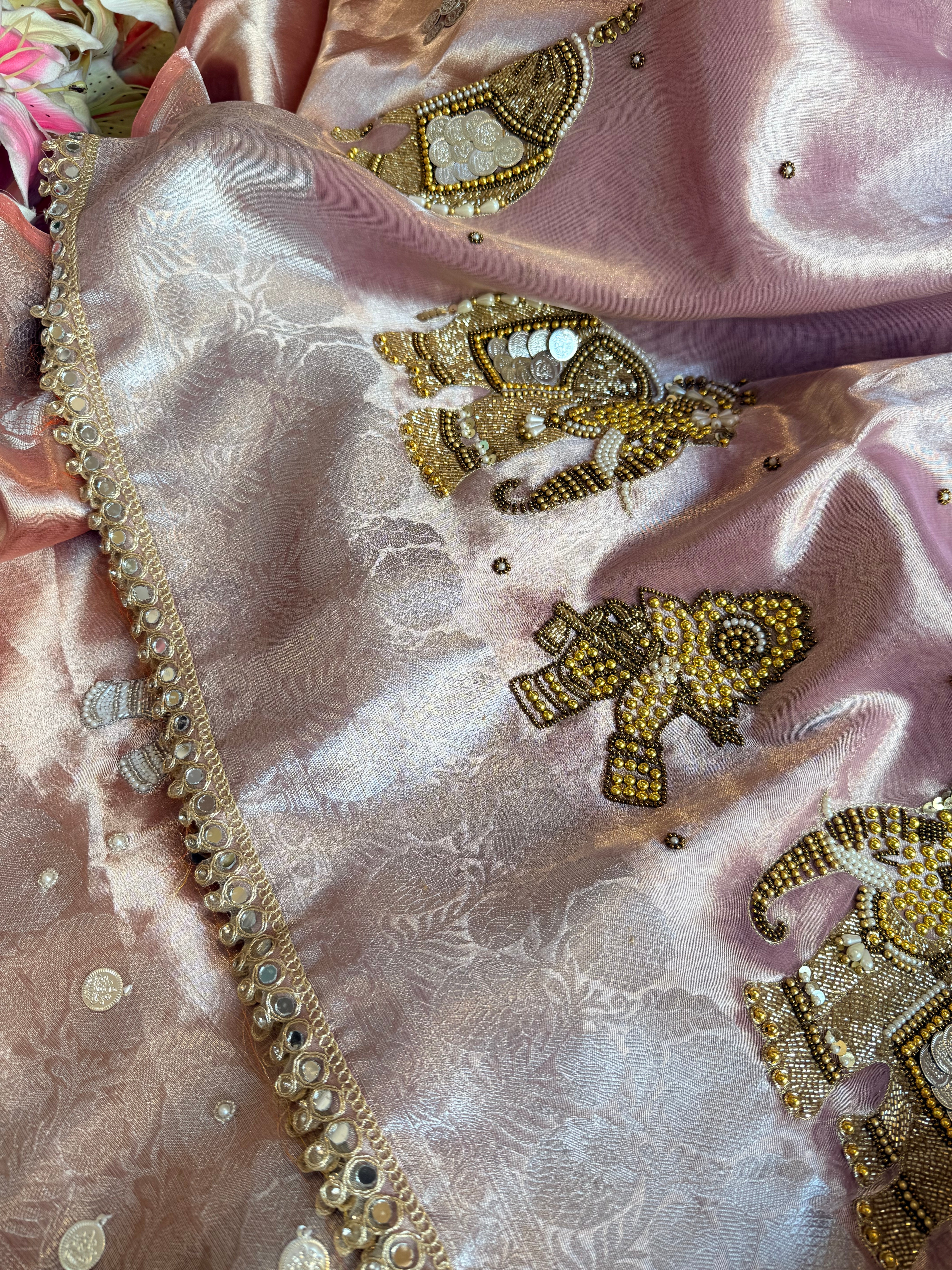 Gulabi jadau saree - Rosy pink tissue silk jadau work hand embroidered saree