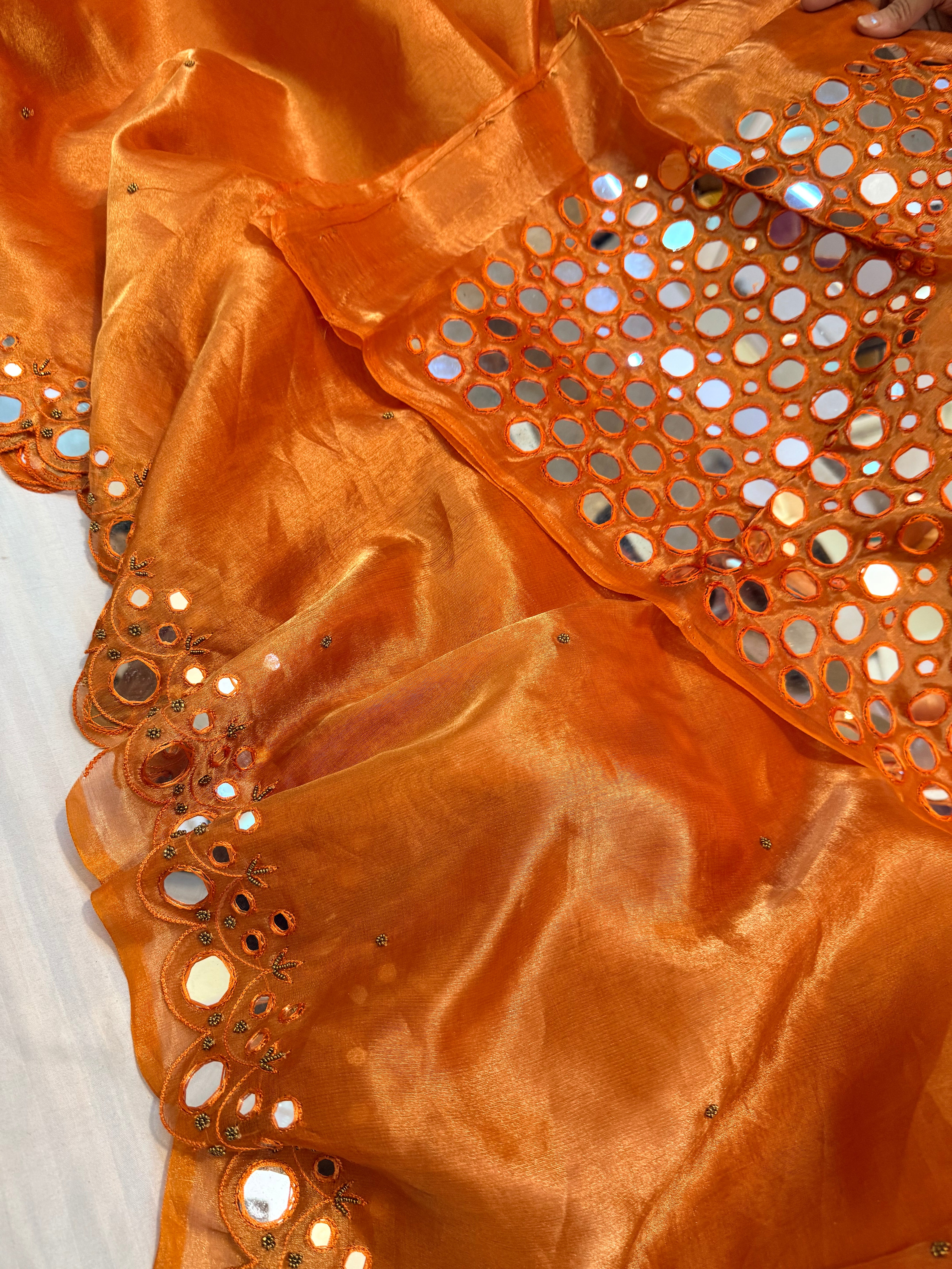Sheeshe wali fanta orange tissue silk mirrorwork hand embroidered banarasi saree