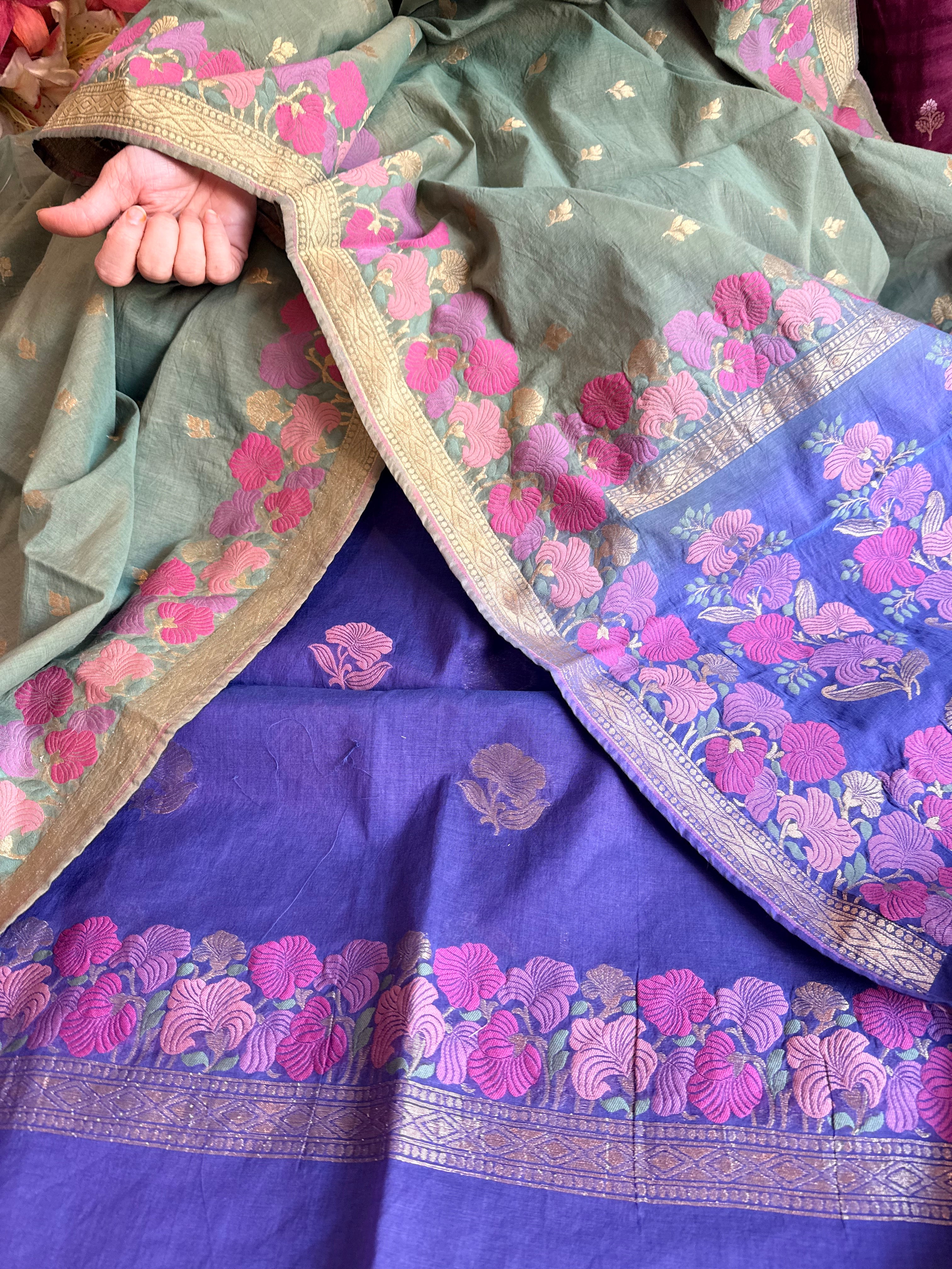Mul cotton banarasi kadhwa buti green - purplish blue suit set