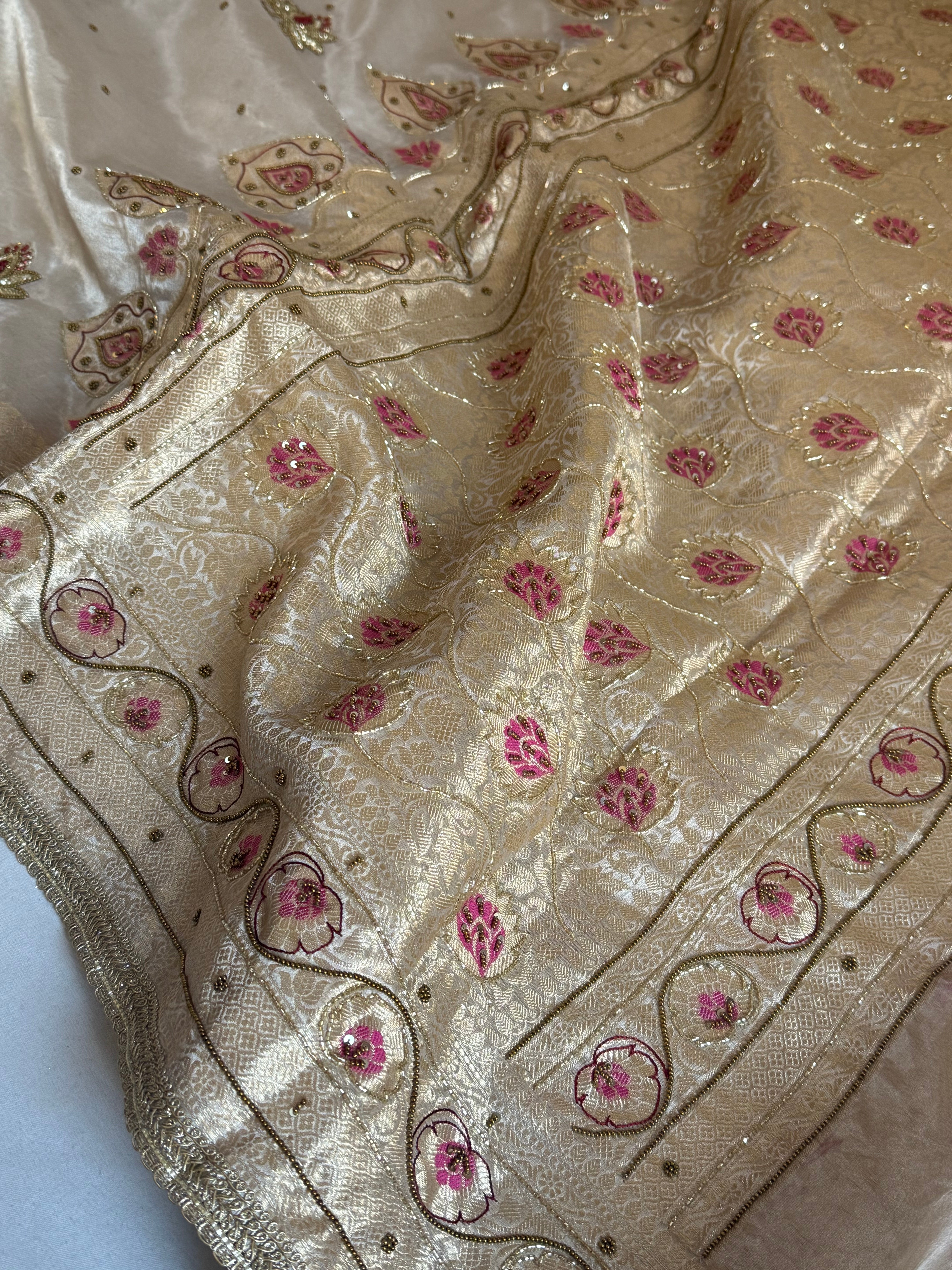 Moonlight silver diamond tissue pink meenakari kadhwa hand embroidered saree