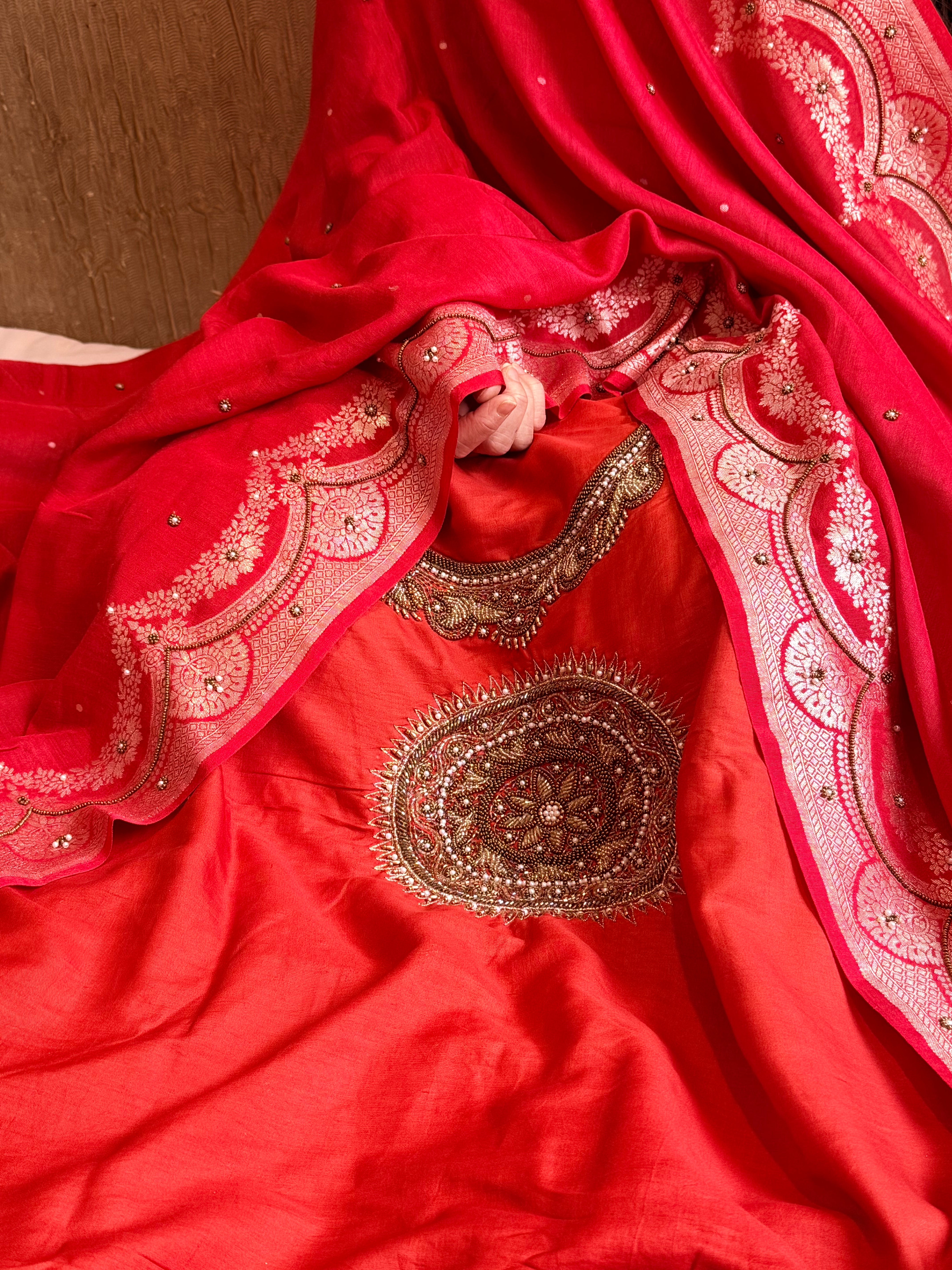 Burnt orange - red spun chiniya silk hand embroidered mandala work suit set