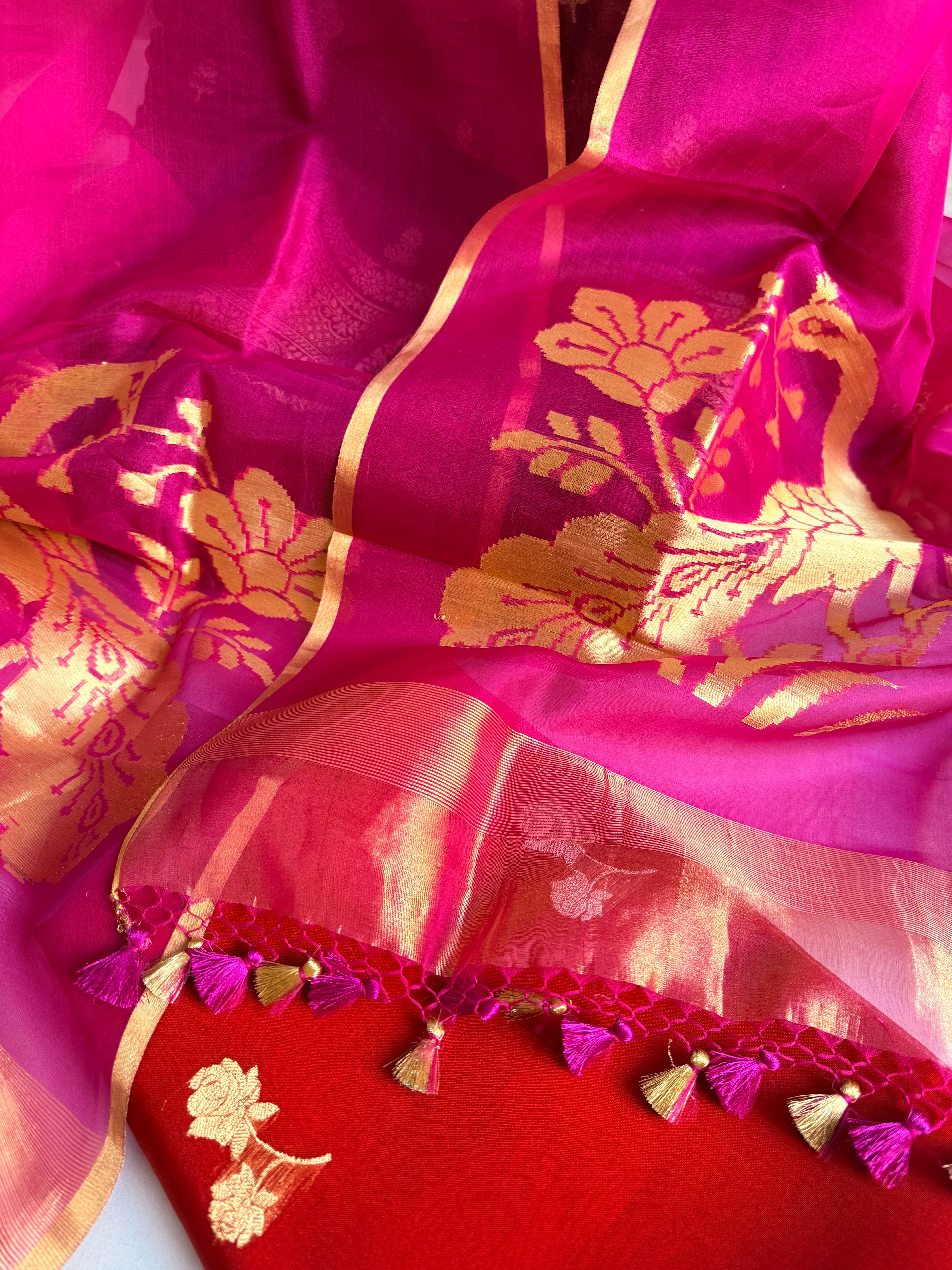 Peacock motif kora silk kadhwa mustard-red combination suit set