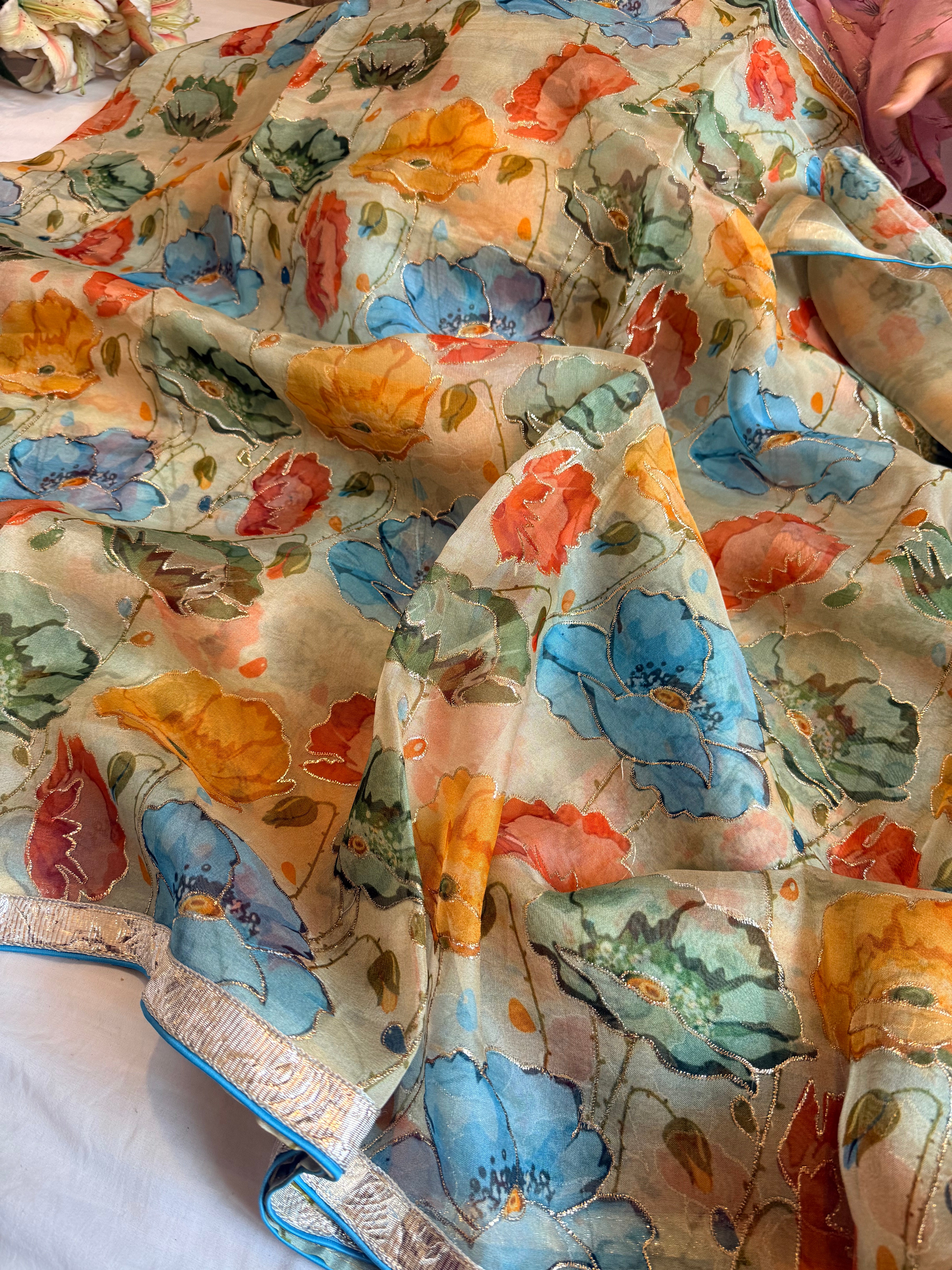 Kora silk printed lampi gotapatti hand embroidered saree