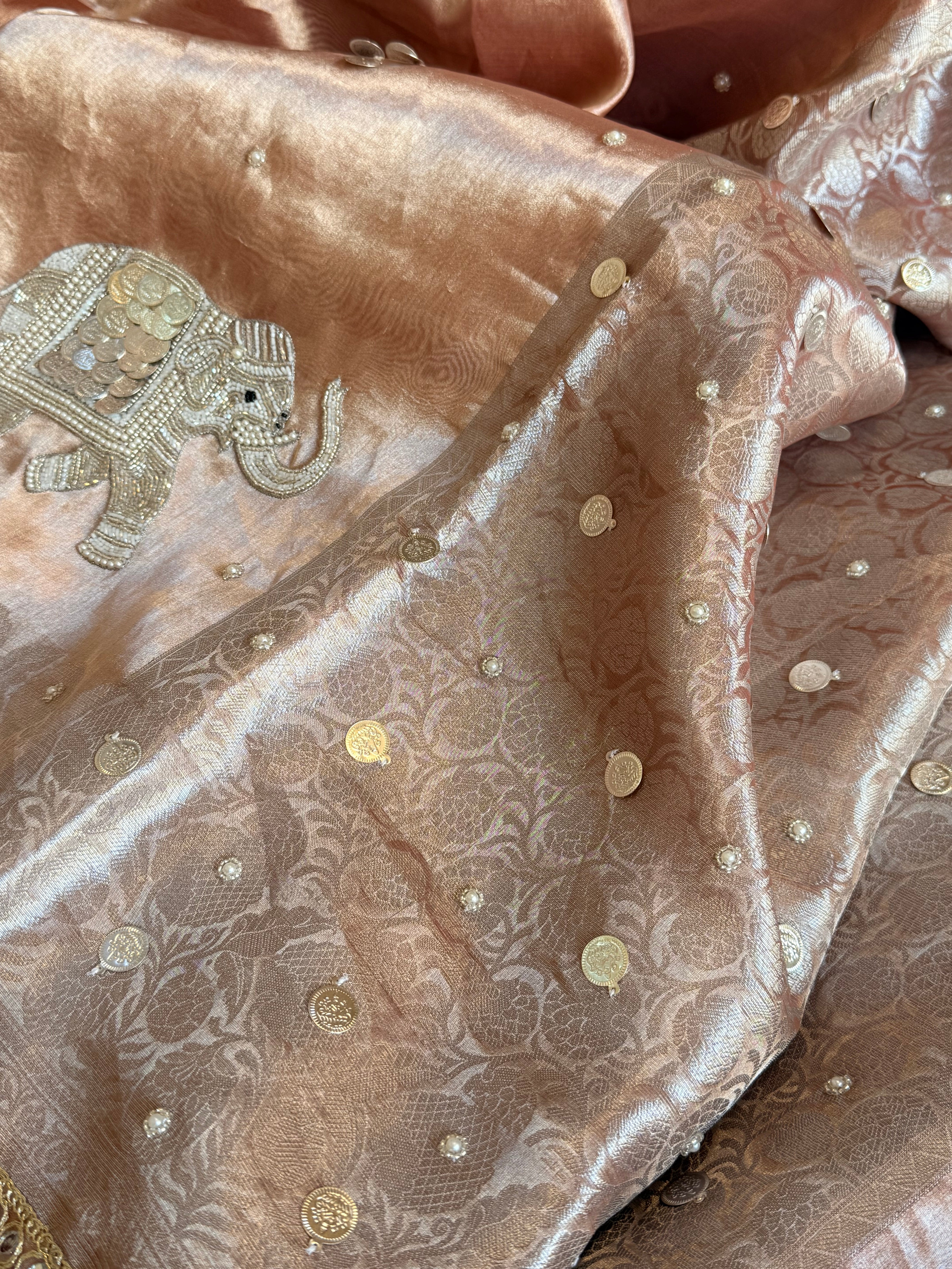 Gulabi jadau edit - Blush pinkish peach tissue silk jadau work hand embroidered saree